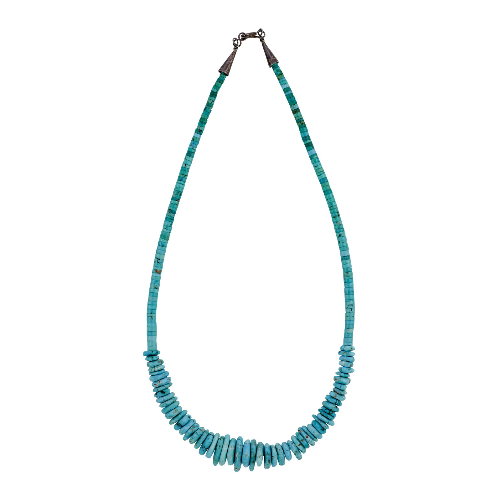 A Joe and Terry Reano turquoise bead necklace: Joe B. and Terry Reano Each Kewa (Santo Domingo Pueblo), (20th/21st century), a single-strand graduated natural Smokey Valley turquoise necklace, silver cones stamped: JBR. length 19in