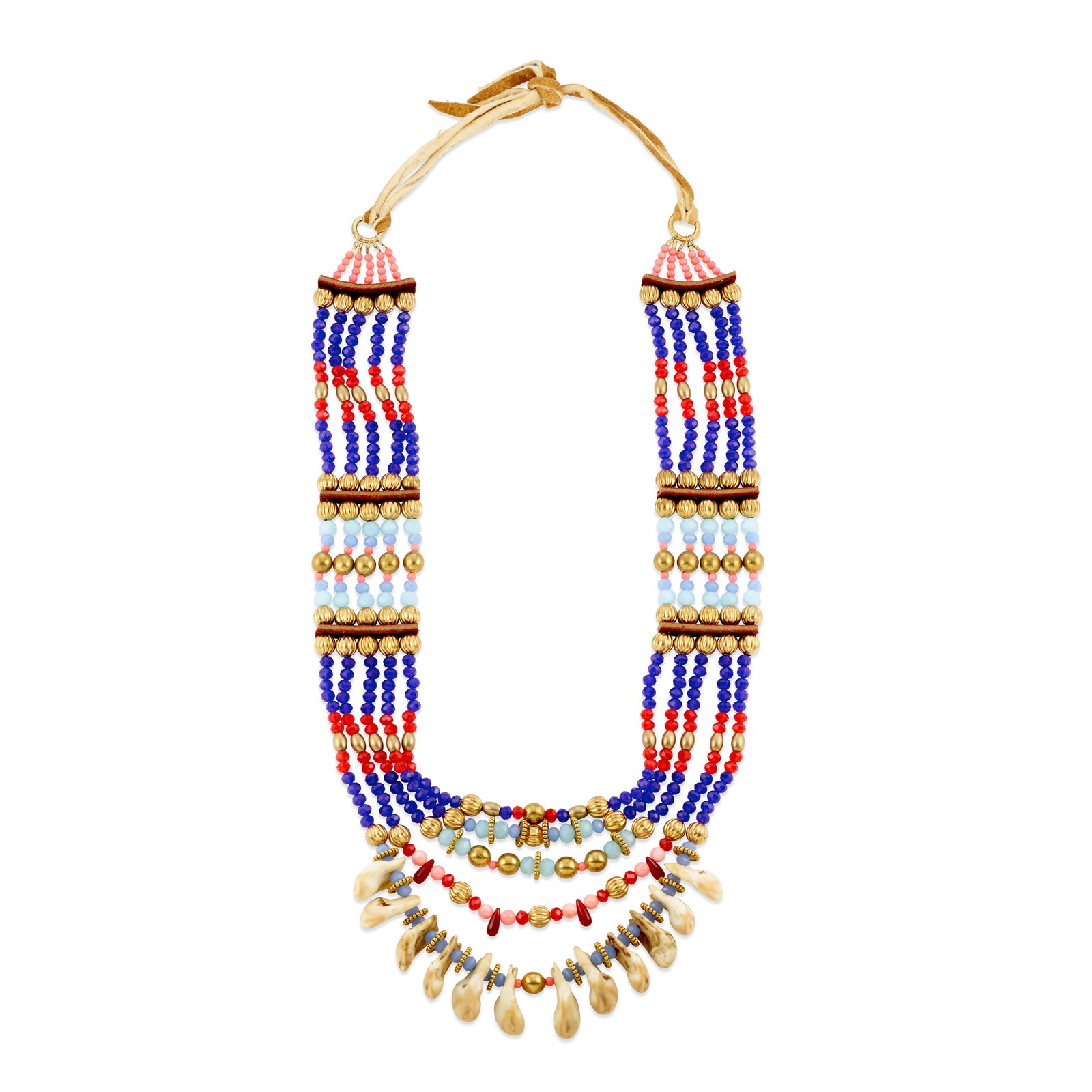 Elias Jade Not Afraid five-strand necklace: Elias Jade Not Afraid Apsáalooke (Crow), (b. 1990), a five-strand faceted glass and metal bead necklace with leather spacers, apparently unsigned. wearable length approximately 24-30in Footnotes: