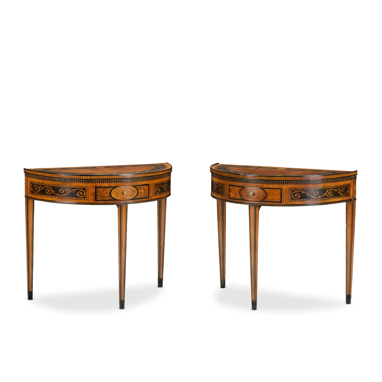 A pair of Dutch satinwood, marquetry and ebonised demi-lune side tables Early 19th century (2): A pair of Dutch satinwood, marquetry and ebonised demi-lune side tables Early 19th century Each with a crossbanded top inlaid with foliate scrolls and solid gallery above a chequer-banded edge and sim