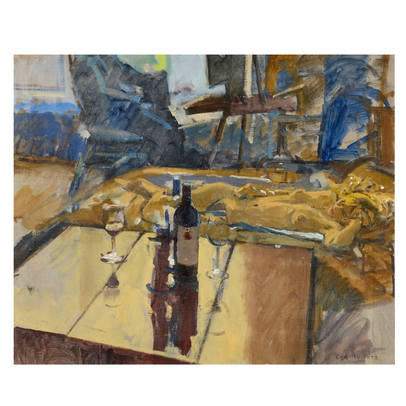 Ken Howard R.A. (British, 1932-2022) Reclining Nude with Red Wine: Ken Howard R.A. (British, 1932-2022) Reclining Nude with Red Wine signed 'Ken Howard' (lower right) oil on canvas 51 x 61cm (20 1/16 x 24in). Footnotes: Provenance The Artist, fro