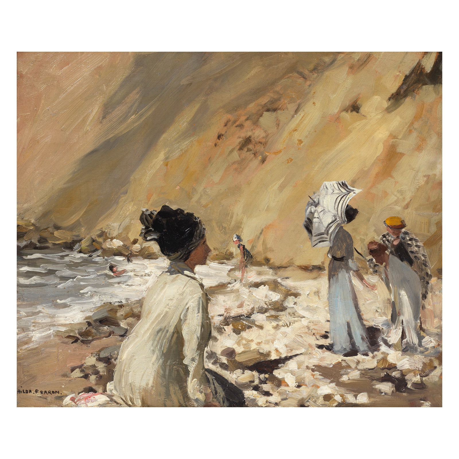 Hilda Fearon (British, 1878-1917) Study for Under the Cliffs (with a further preparatory sketch ...: Hilda Fearon (British, 1878-1917) Study for Under the Cliffs signed 'HILDA.FEARON' (lower left) oil on panel 38.5 x 46cm (15 3/16 x 18 1/8in). with a further preparatory sketch on the reverse.<