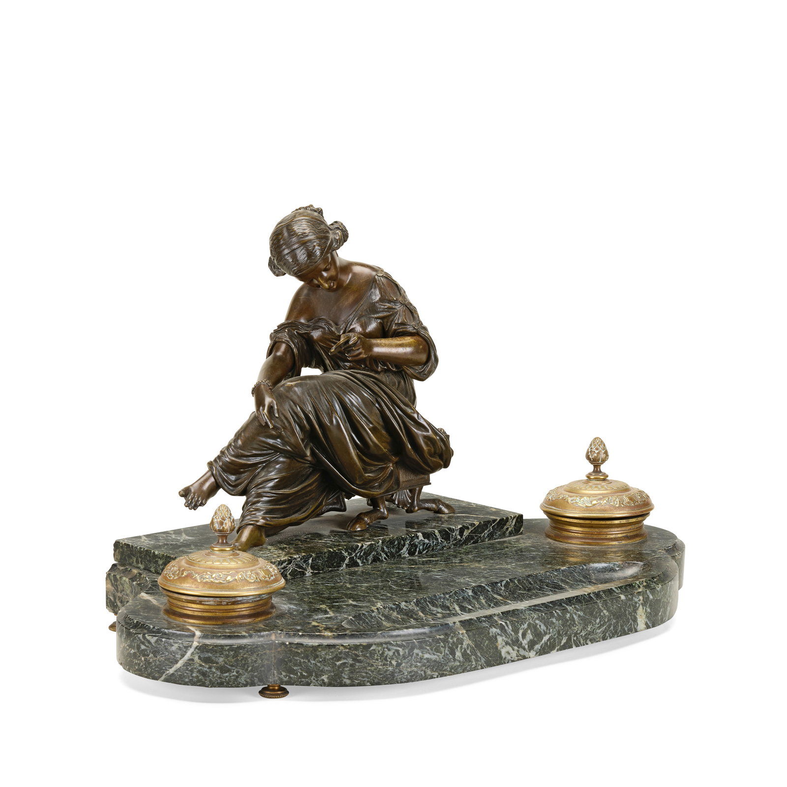 A large French 19th century serpentine marble, gilt and patinated bronze desk stand: A large French 19th century serpentine marble, gilt and patinated bronze desk stand Mounted with a bronze figure of a seated Classical maiden holding a mirror in the manner of Jean Jacques Pradier and
