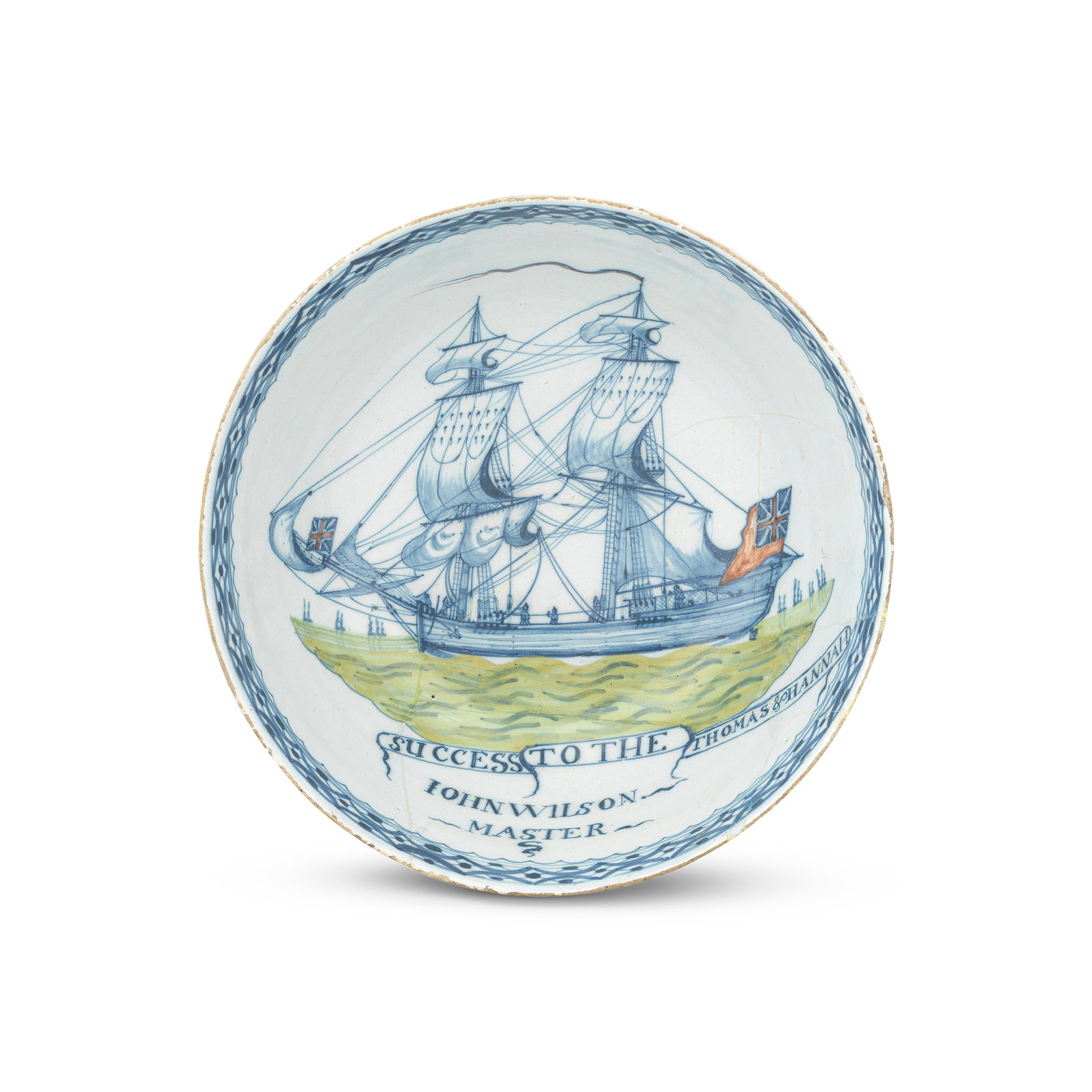 A Liverpool delftware ship bowl, circa 1770: A Liverpool delftware ship bowl, circa 1770 Perhaps painted by William Jackson, the interior painted in blue with a brig in full sail, the flags and pennant picked out in red, the sea heightened in gr