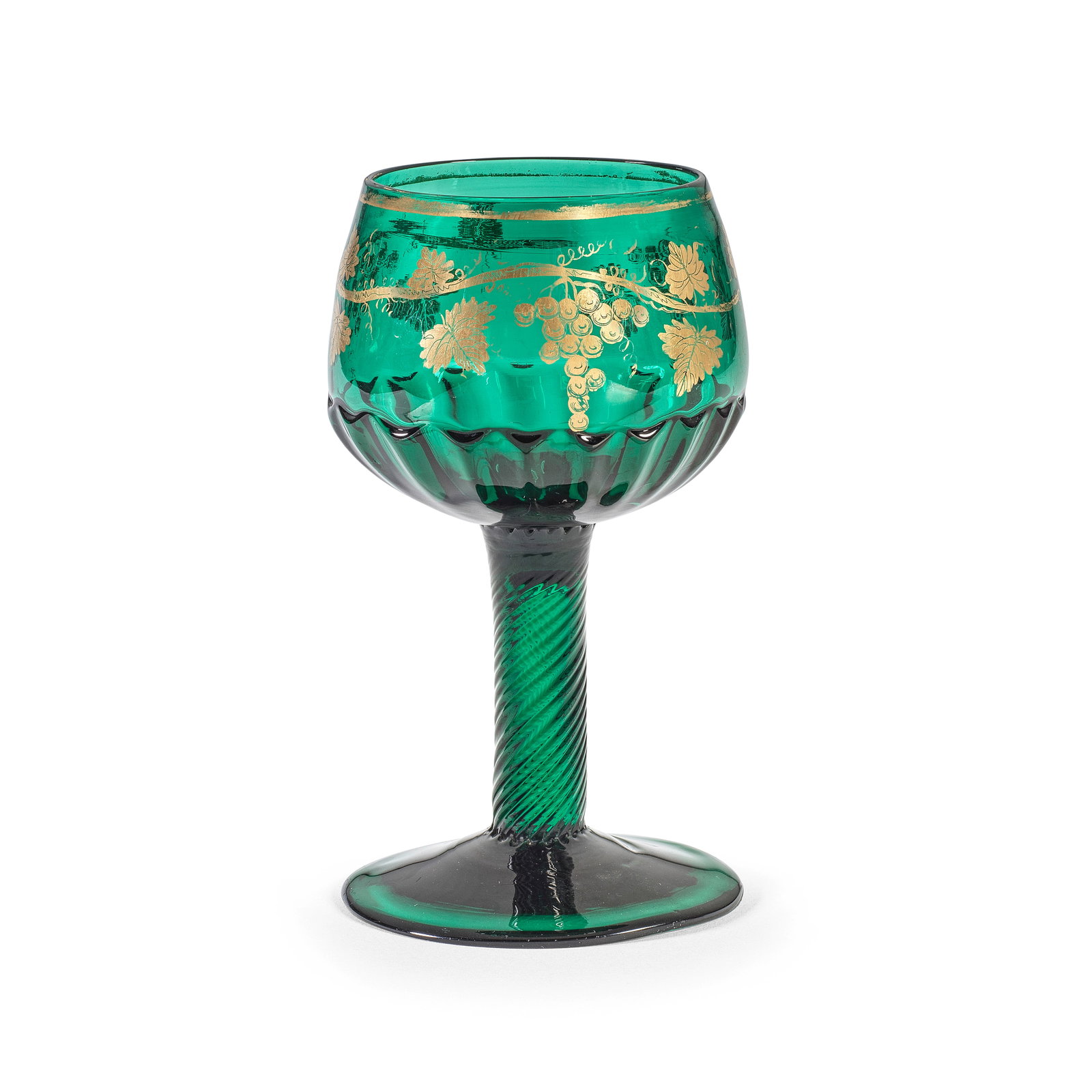 A fine and rare gilded emerald-green tinted incised twist champagne or wine glass, circa 1760: A fine and rare gilded emerald-green tinted incised twist champagne or wine glass, circa 1760 Perhaps decorated in the London workshop of James Giles, in deep green glass, the distinctive cup-shaped b