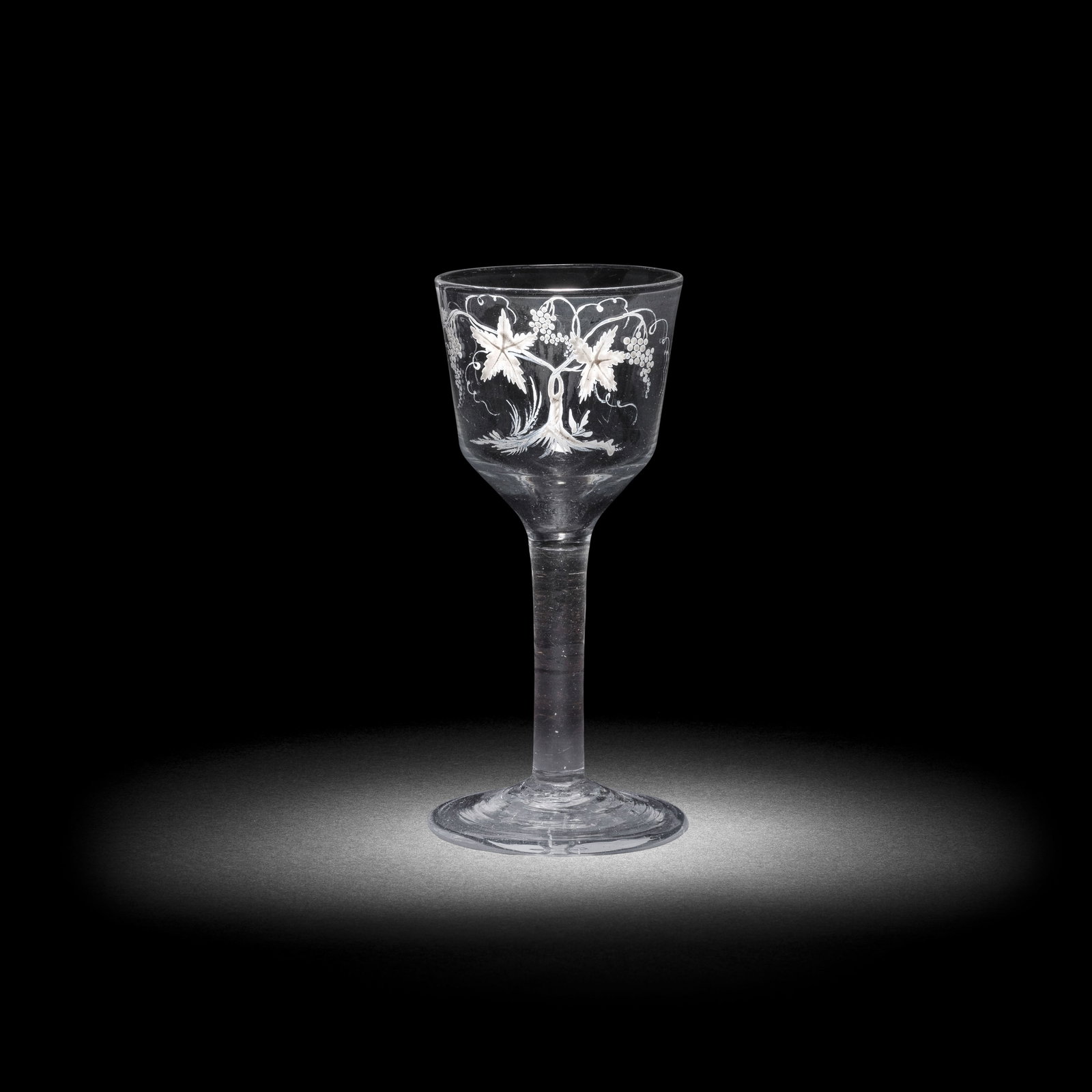 An extremely rare Beilby enamelled plain stem goblet with a vine tree, circa 1765 (1 of 1)