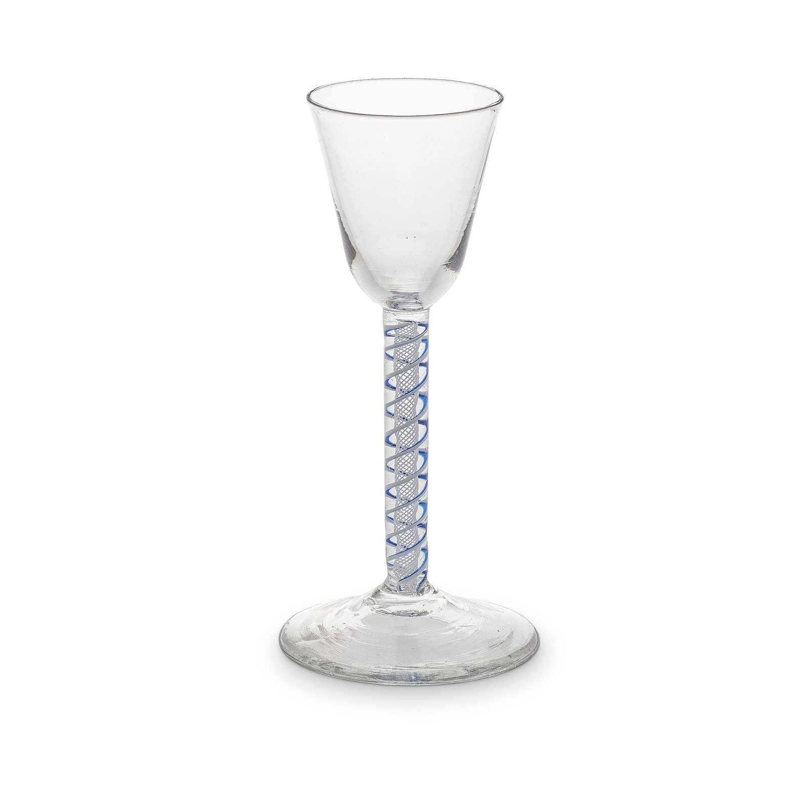 A fine blue colour twist wine glass, circa 1765: A fine blue colour twist wine glass, circa 1765 The round funnel bowl on a stem containing an opaque white gauze within a pair of opaque white spiral threads edged in translucent cobalt blue, over a c