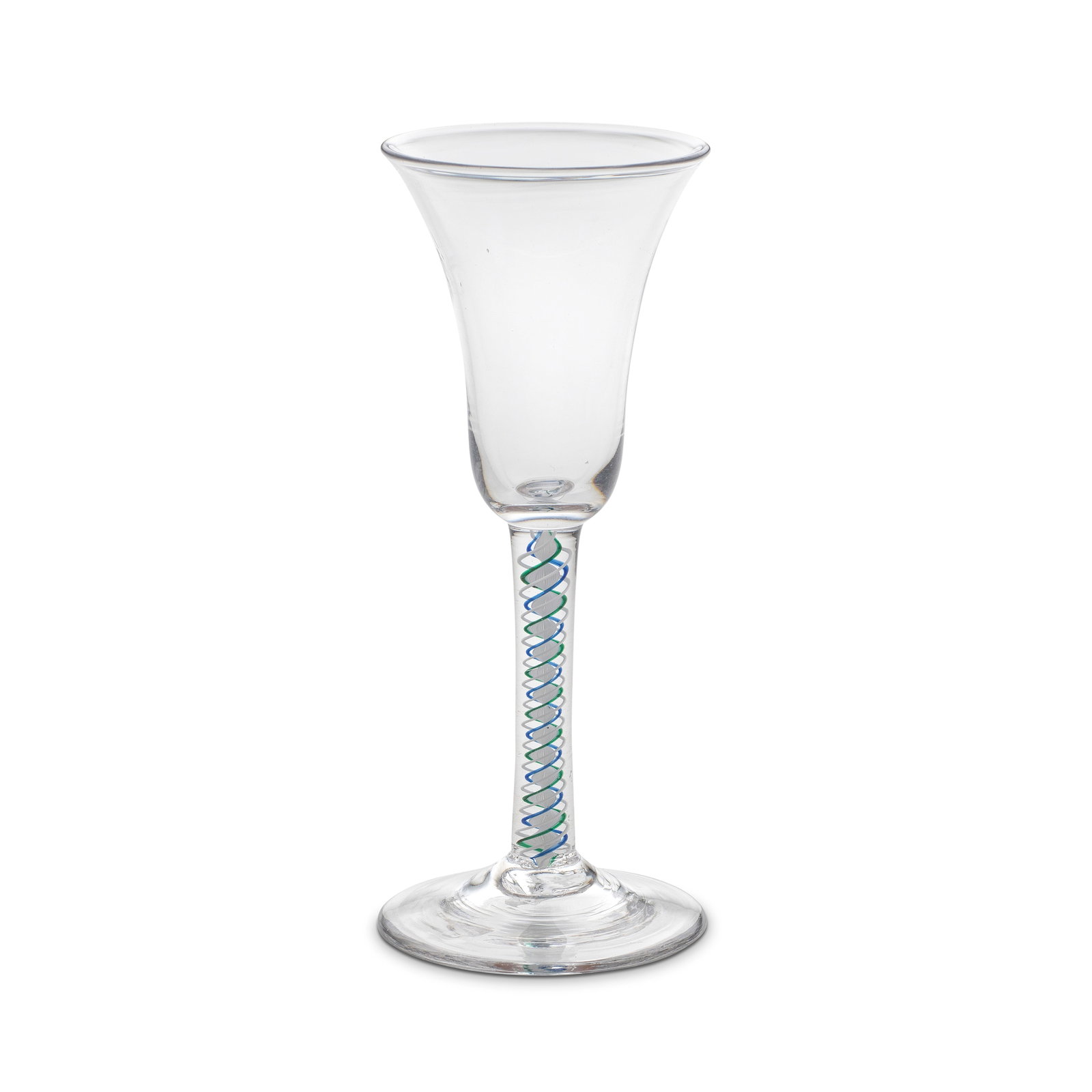 A fine green and blue colour twist wine glass, circa 1765: A fine green and blue colour twist wine glass, circa 1765 The generous bell bowl on a stem containing a multi-ply corkscrew edged with translucent cobalt-blue on one side and translucent emerald-green