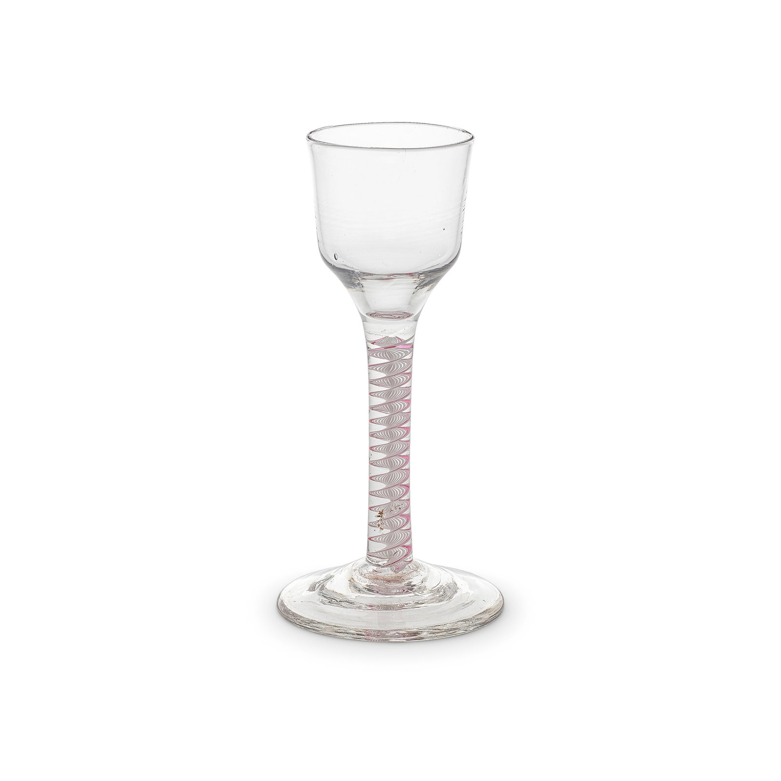 A pink colour twist wine glass, circa 1765: A pink colour twist wine glass, circa 1765 With an ogee bowl, set with a multi-ply white corkscrew outlined in translucent pale red or pink, heavy conical foot, 14.7cm high Footnotes: Provenance Sothe