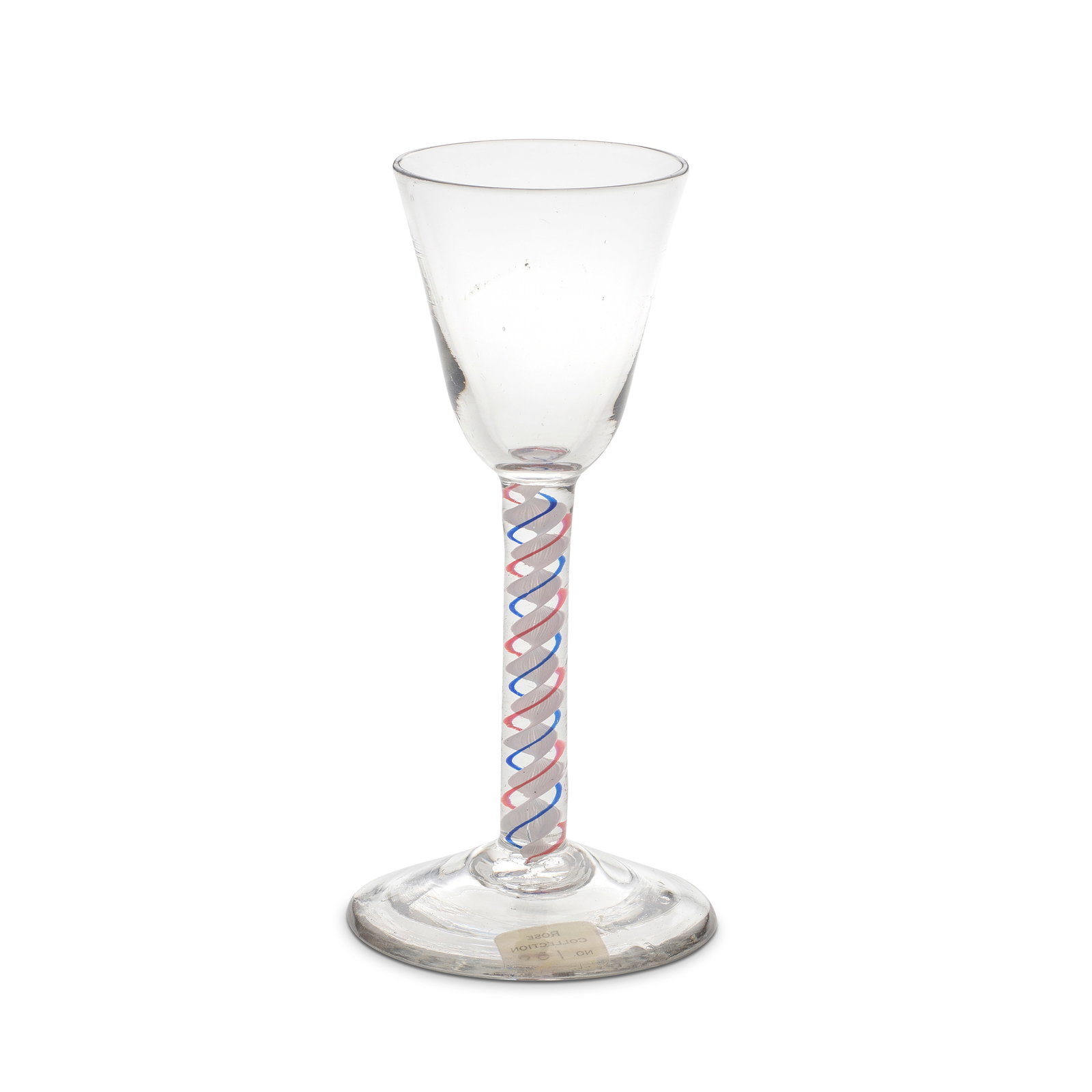 A good red and blue colour twist wine glass, circa 1765: A good red and blue colour twist wine glass, circa 1765 The round funnel bowl on a stem containing an opaque white multi-ply corkscrew alternating with one ruby-red and one cobalt-blue spiral thread,