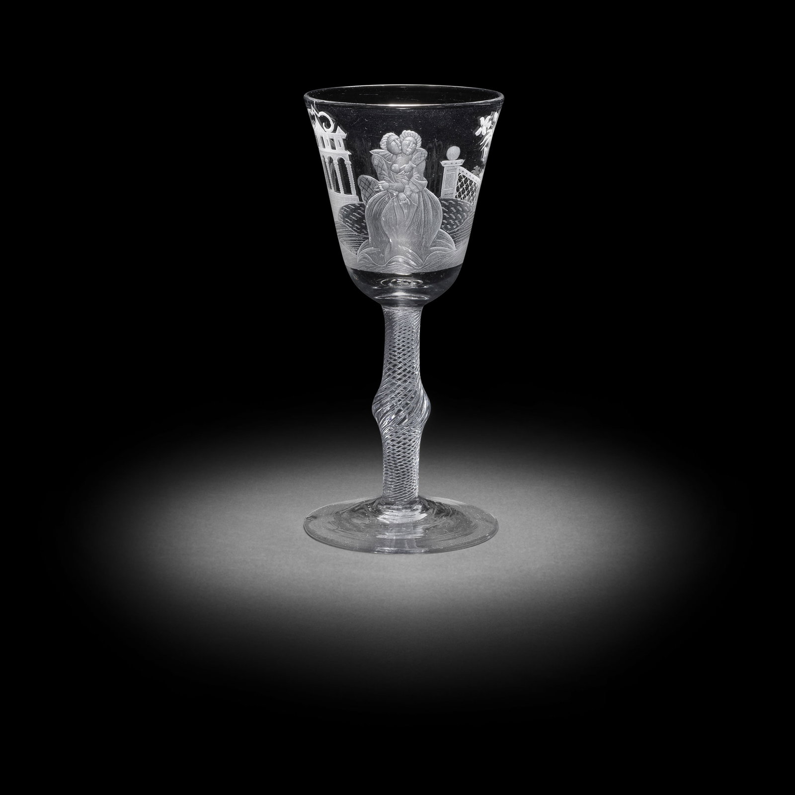 A fine engraved 'erotic' airtwist goblet, circa 1750 (1 of 1)