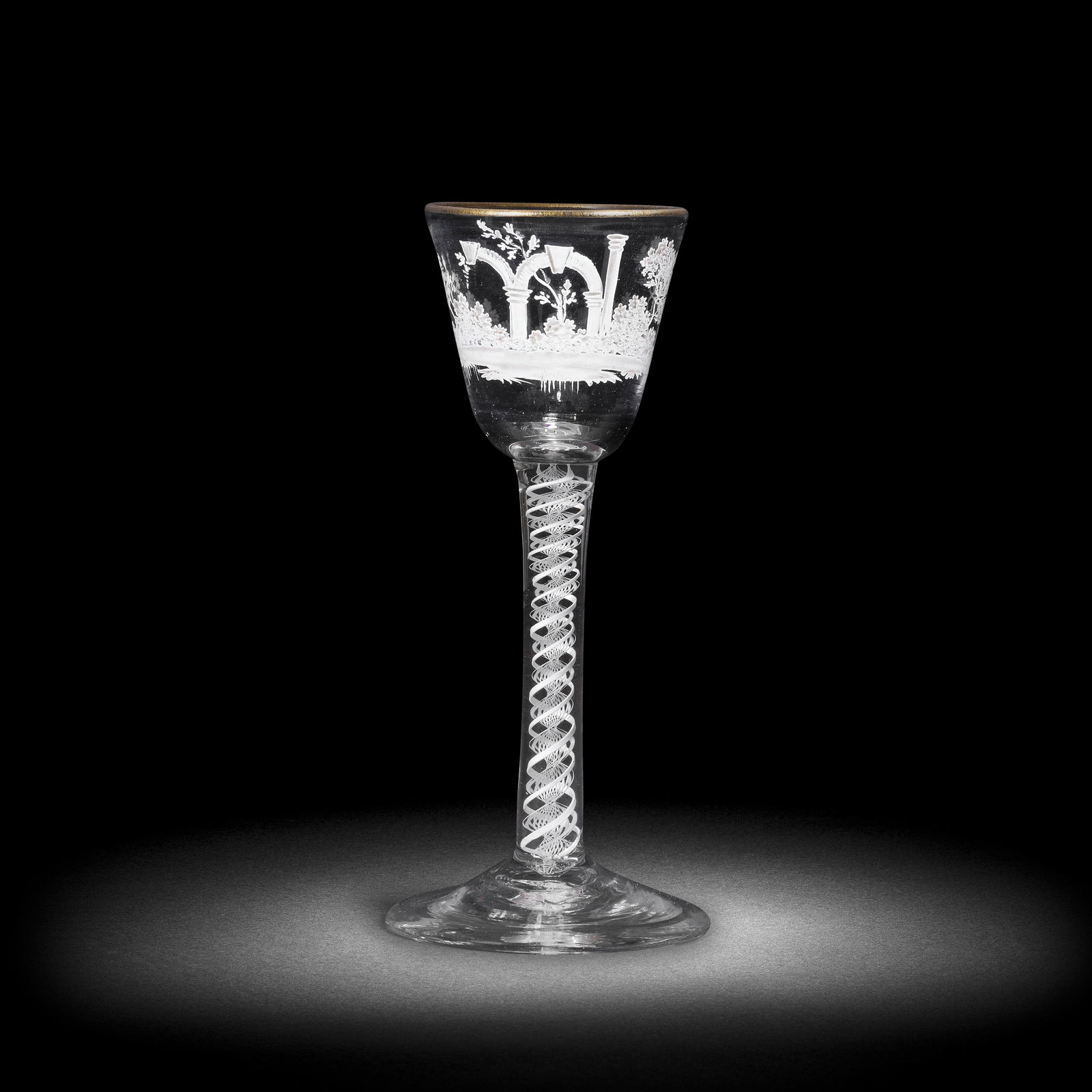 A rare Beilby enamelled opaque twist wine glass with classical ruins, circa 1765 (1 of 1)