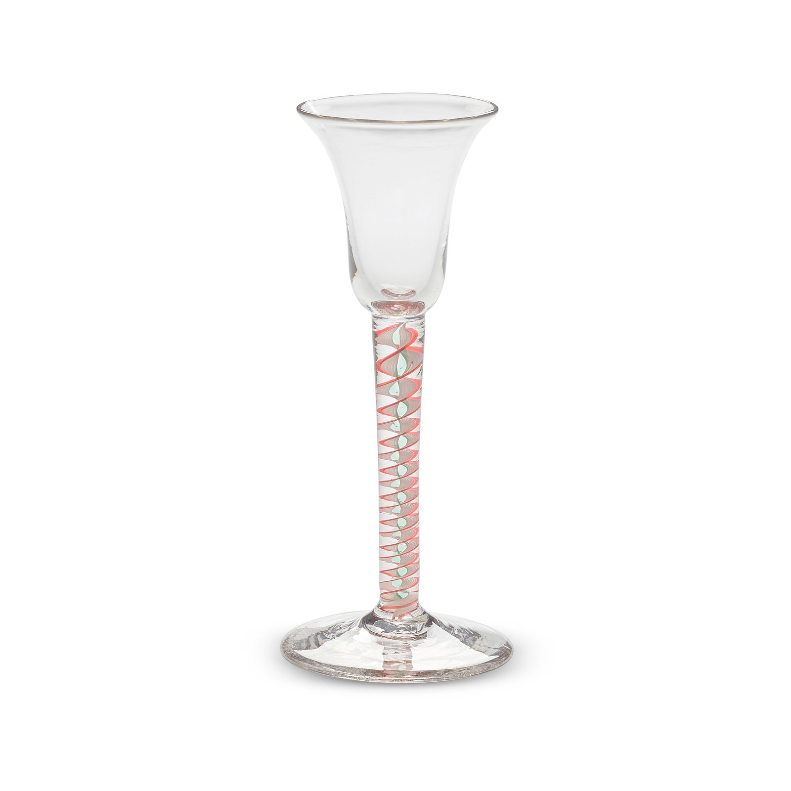 A red and green colour twist wine glass, circa 1765: A red and green colour twist wine glass, circa 1765 The bell bowl of attractive small size, the stem with a central very pale translucent green core within a pair of opaque white multi-ply spiral band