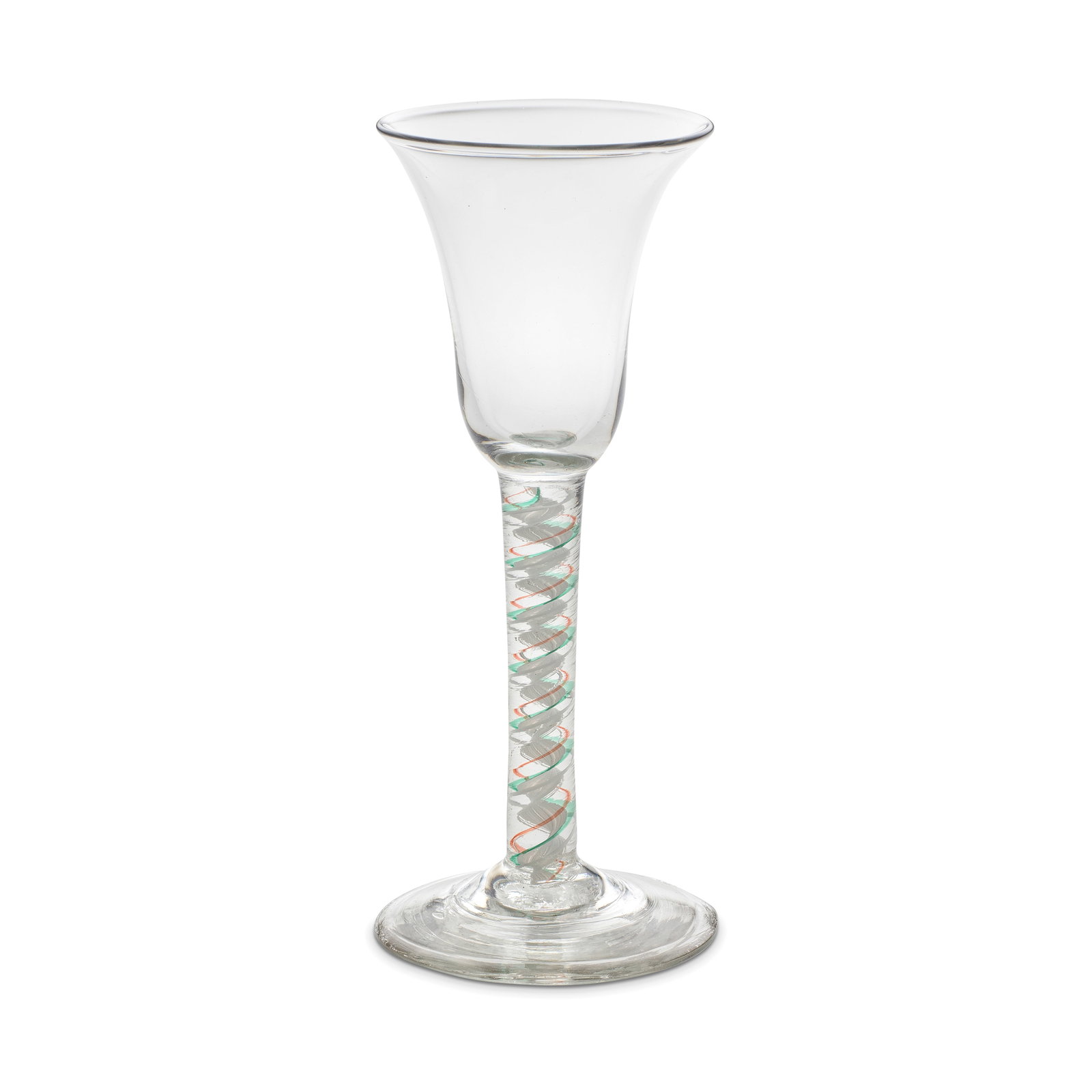 A red and green colour twist wine glass, circa 1765: A red and green colour twist wine glass, circa 1765 The bell bowl on a stem containing a multi-ply corkscrew edged on one side in translucent green, encircled by two alternating spiral threads in tran