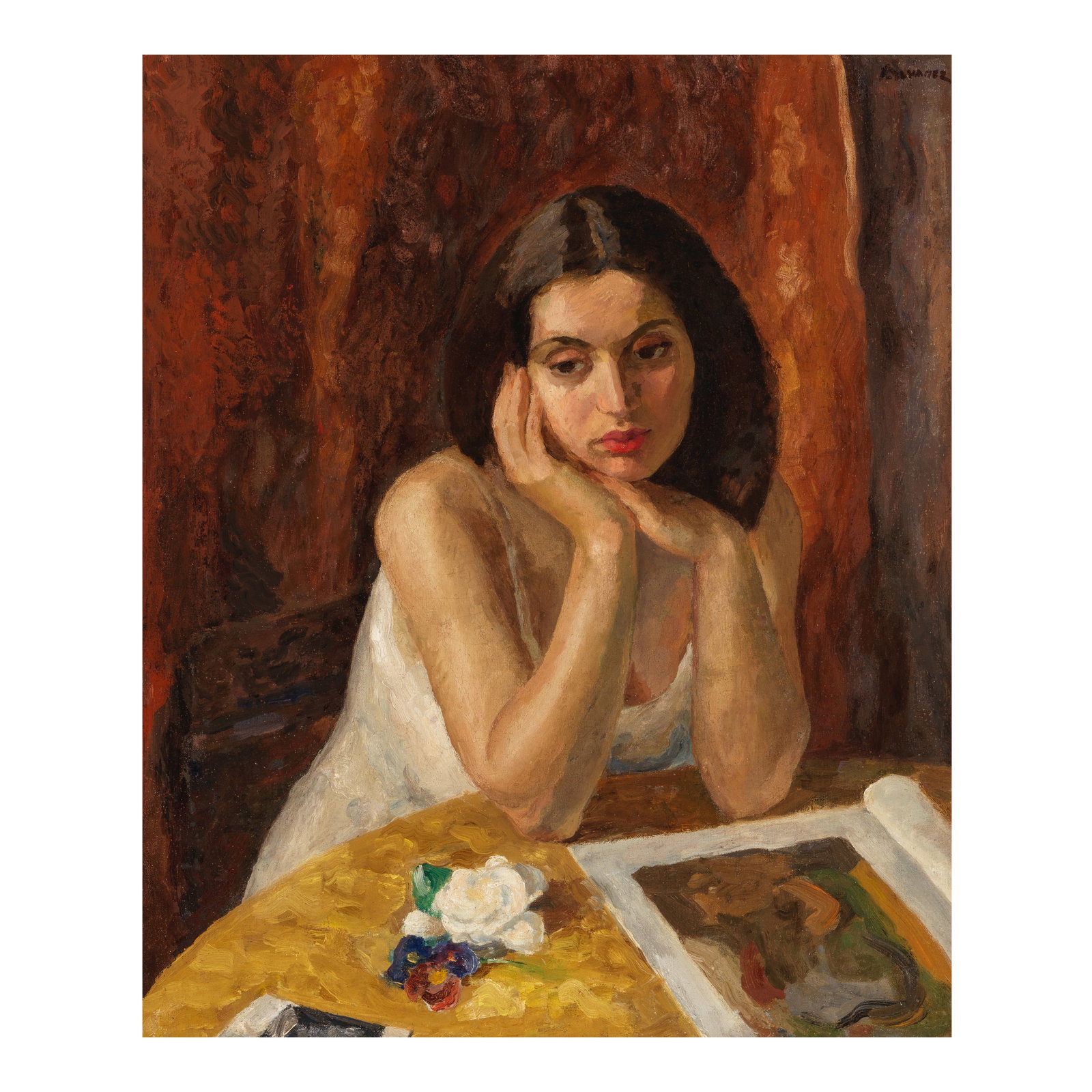 MABEL ALVAREZ (1891-1985) Italian Girl (Adrienne le Clerc Tytla) 30 x 25 in.: MABEL ALVAREZ (1891-1985) Italian Girl (Adrienne le Clerc Tytla) signed 'Alvarez' (upper right) oil on canvas 30 x 25 in. Footnotes: Provenance Maxwell Galleries, San Francisco. Perlmutter