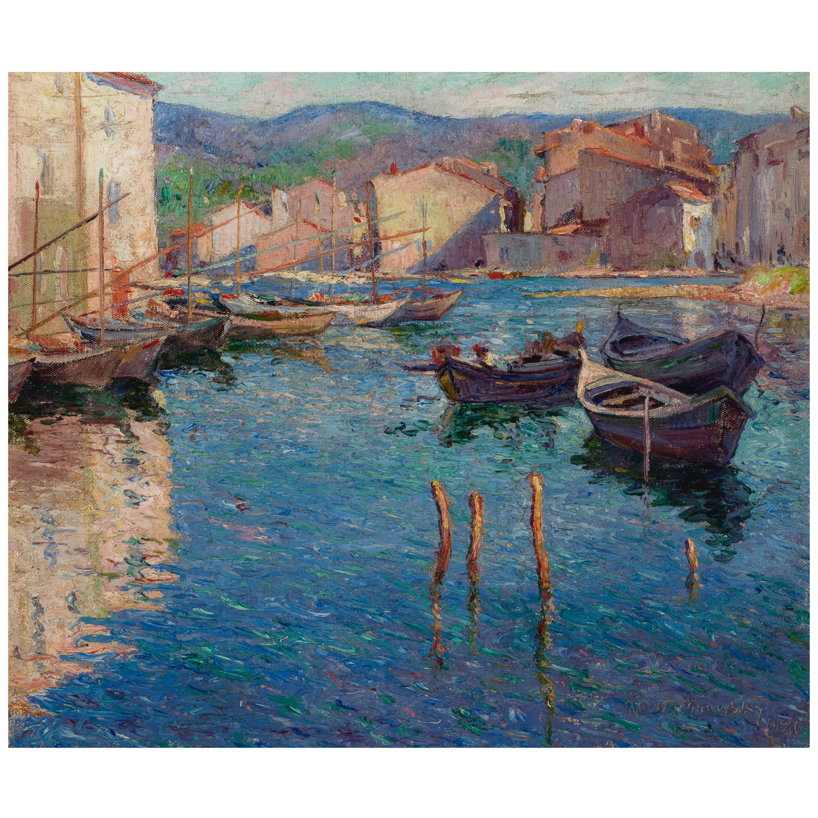 ABEL GEORGE WARSHAWSKY (1883-1962) Port de Pêche 18 1/4 x 21 3/4 in. (Painted in 1921.): ABEL GEORGE WARSHAWSKY (1883-1962) Port de Pêche incised and indistinctly dated 'A.G.Warshawsky / 1921' (lower right) oil on canvas 18 1/4 x 21 3/4 in. Painted in 1921. Footnotes: Provenance</