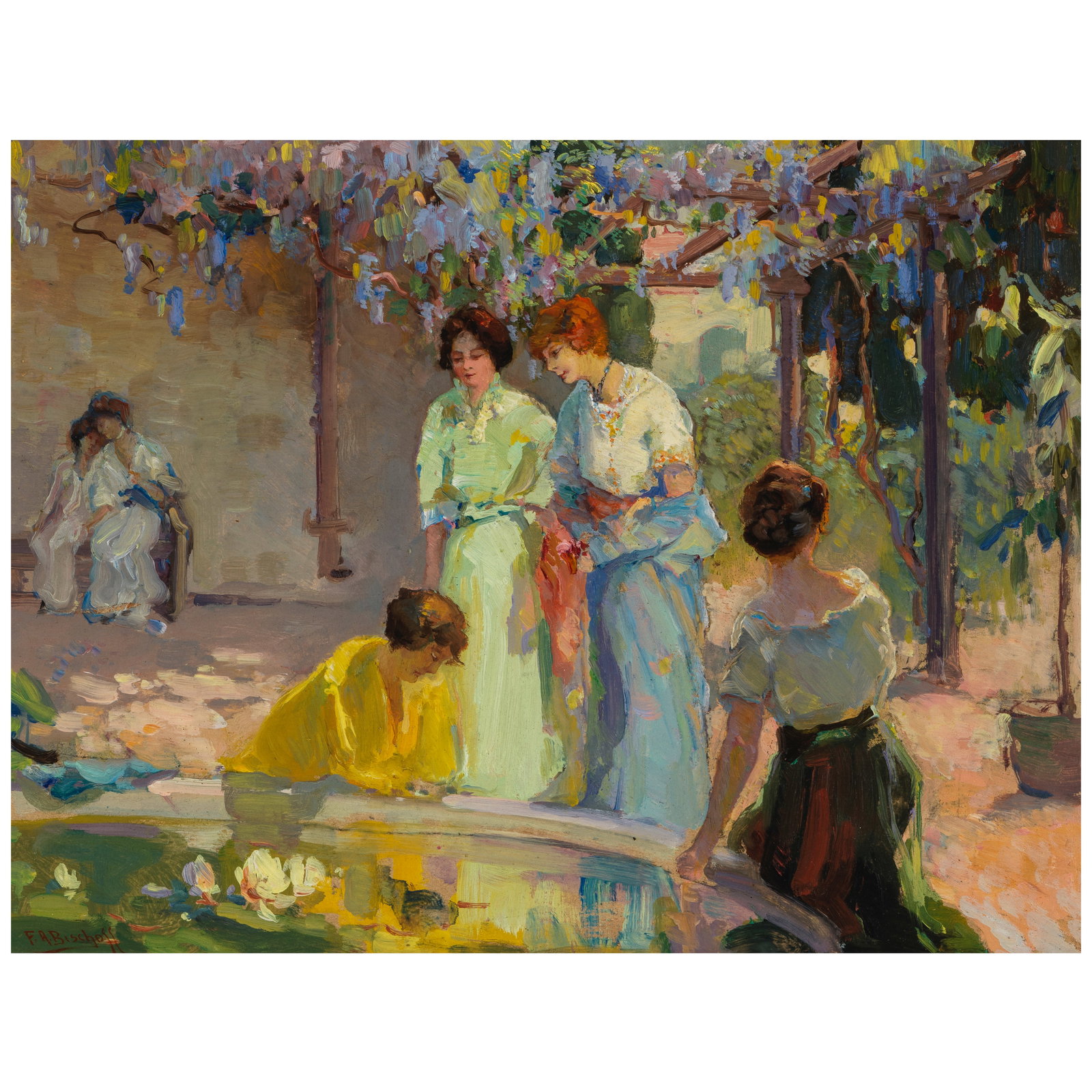 FRANZ ARTHUR BISCHOFF (1864-1929) Women by a Fountain 12 x 16 in. (Painted circa 1914.): FRANZ ARTHUR BISCHOFF (1864-1929) Women by a Fountain signed 'F.A. Bischoff' (lower left) oil on board 12 x 16 in. Painted circa 1914. Footnotes: Provenance Petersen Galleries, Beve