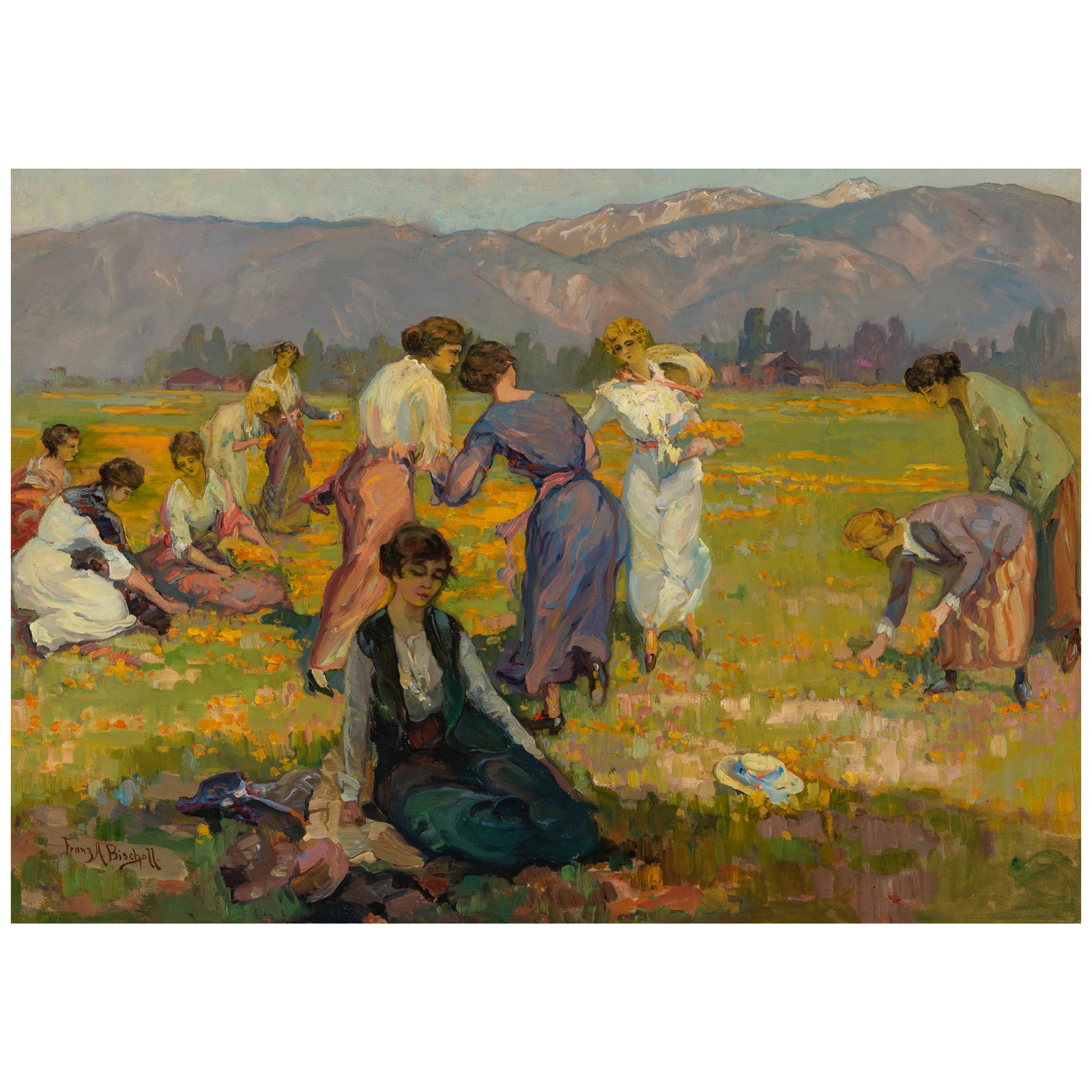 FRANZ ARTHUR BISCHOFF (1864-1929) Picking Poppies, Pasadena 24 x 34 in. (Painted circa 1910.): FRANZ ARTHUR BISCHOFF (1864-1929) Picking Poppies, Pasadena signed 'Franz A. Bischoff' (lower left) oil on canvas 24 x 34 in. Painted circa 1910. Footnotes: Provenance Petersen Galle