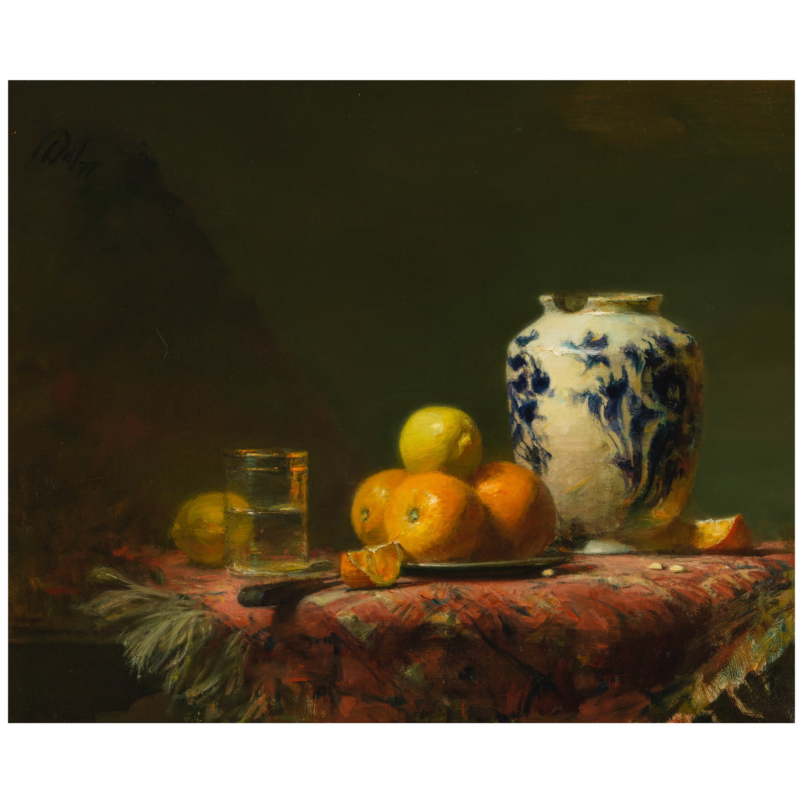 DAVID A. LEFFEL (BORN 1931) Still Life with Vase and Oranges 18 x 22 in. (Painted in 1977.): DAVID A. LEFFEL (BORN 1931) Still Life with Vase and Oranges signed with initials and dated 'DAL / 77' (upper left) oil on canvas 18 x 22 in. Painted in 1977. Footnotes: Provenance Sandra