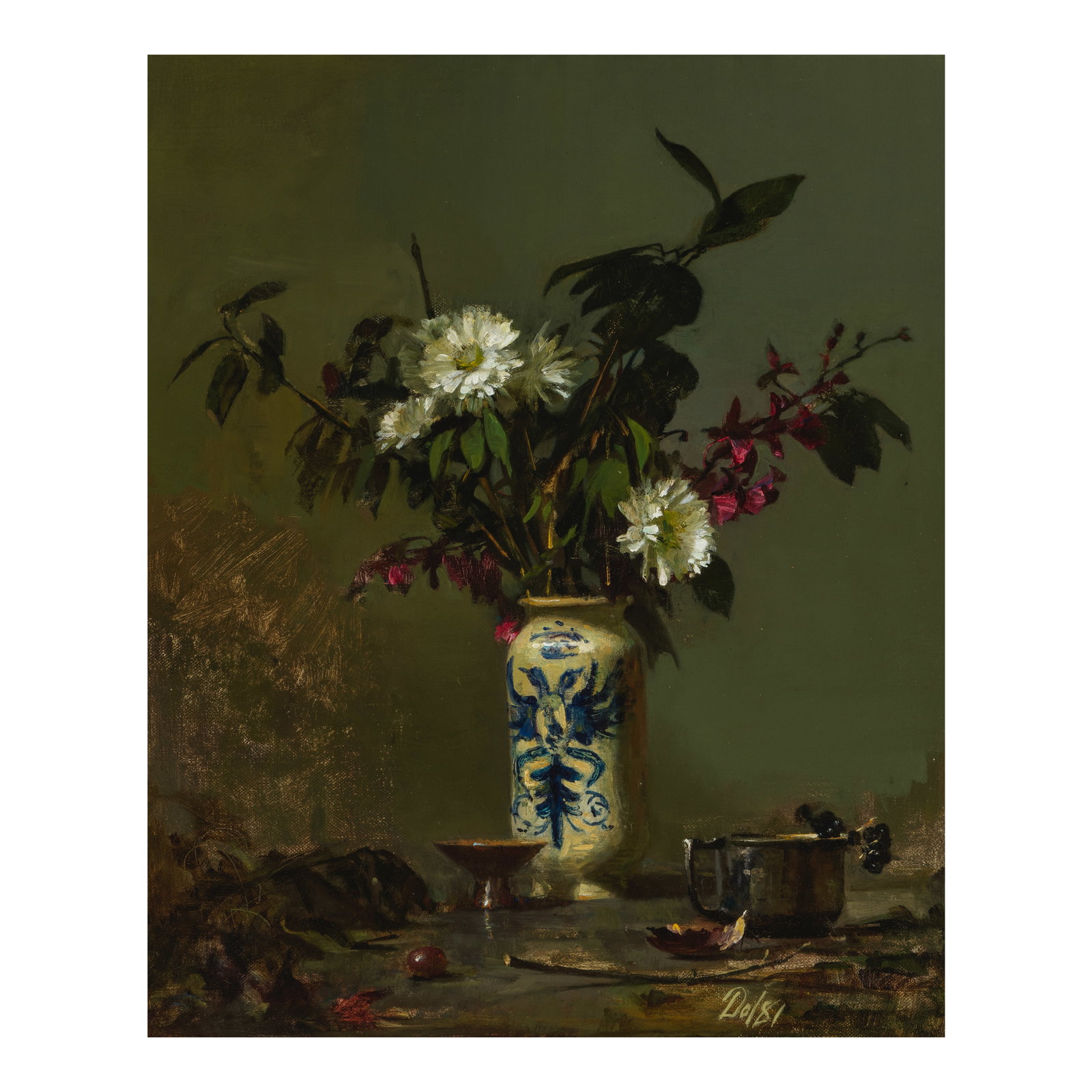 DAVID A. LEFFEL (BORN 1931) Orchids & Mums for Rhoda 22 x 18 1/4 in. (Painted in 1981.): DAVID A. LEFFEL (BORN 1931) Orchids & Mums for Rhoda signed with initials and dated 'DAL 81' (lower right) and titled, inscribed and signed (on the backing) oil on canvas 22 x 18 1/4 in. Painted in 19