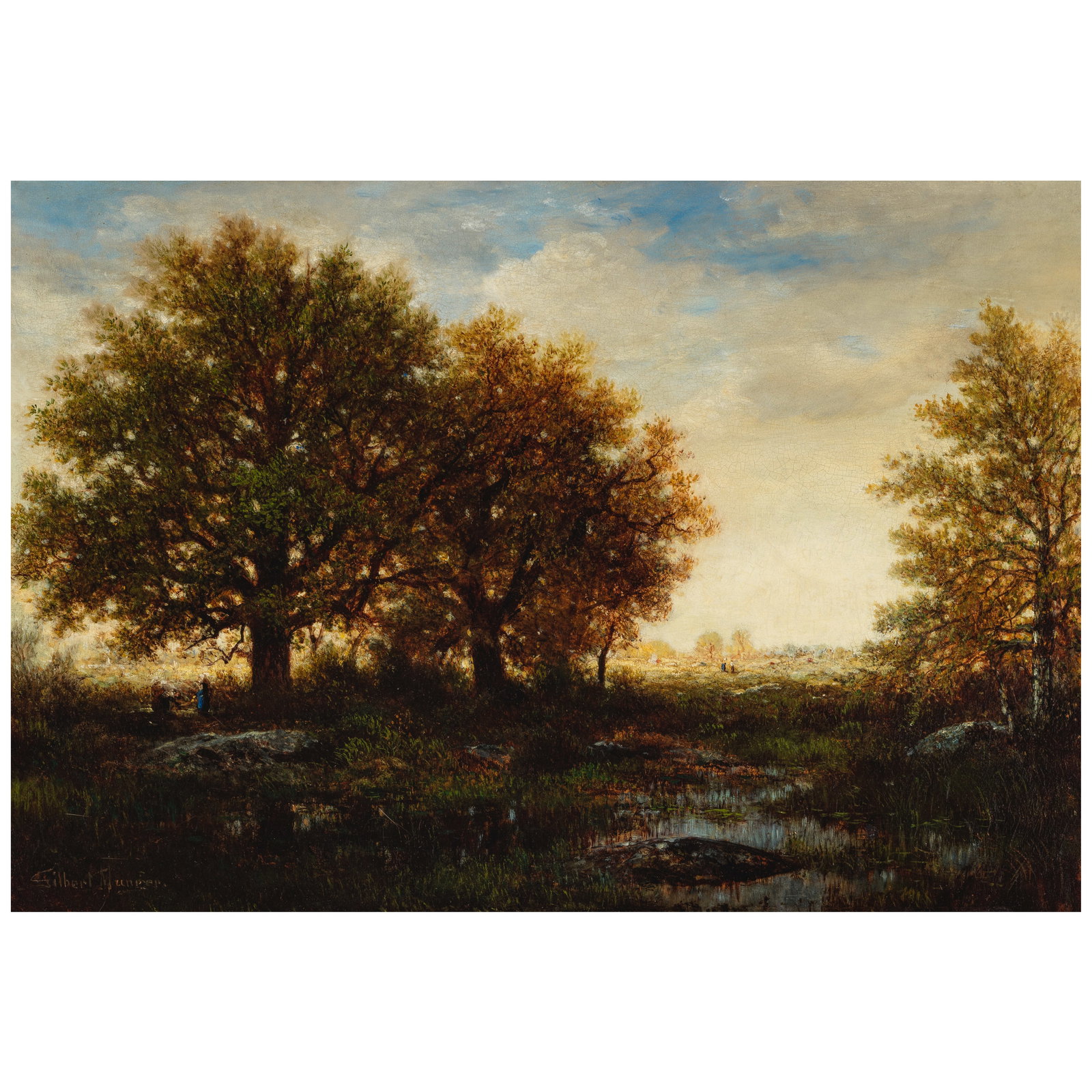 GILBERT MUNGER (1837-1903) Figures in a Clearing (Twilight) 17 3/4 x 25 1/2 in.: GILBERT MUNGER (1837-1903) Figures in a Clearing (Twilight) signed 'Gilbert Munger' (lower left) oil on panel 17 3/4 x 25 1/2 in. Footnotes: Provenance From the estate of Charles Brush of New Y