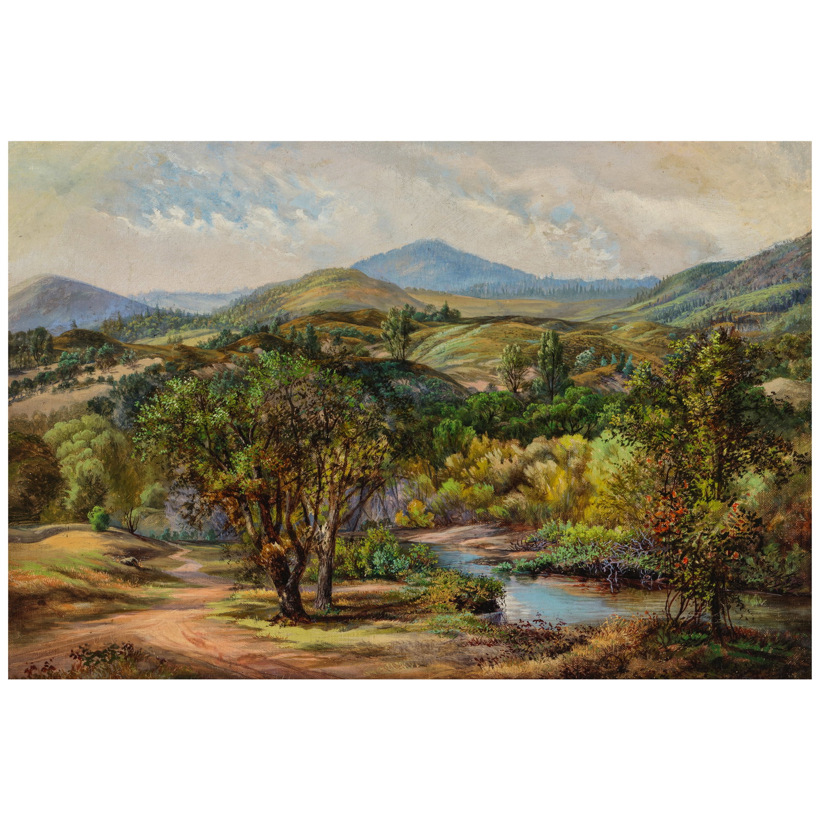 Attributed to HANNAH A. MILLARD (1827-1900) Guadalupe Creek, San Jose, California 14 x 20 in. (P...: Attributed to HANNAH A. MILLARD (1827-1900) Guadalupe Creek, San Jose, California oil on canvas laid to Masonite 14 x 20 in. Painted circa 1870. Footnotes: Provenance Bingham Gallery, Sa