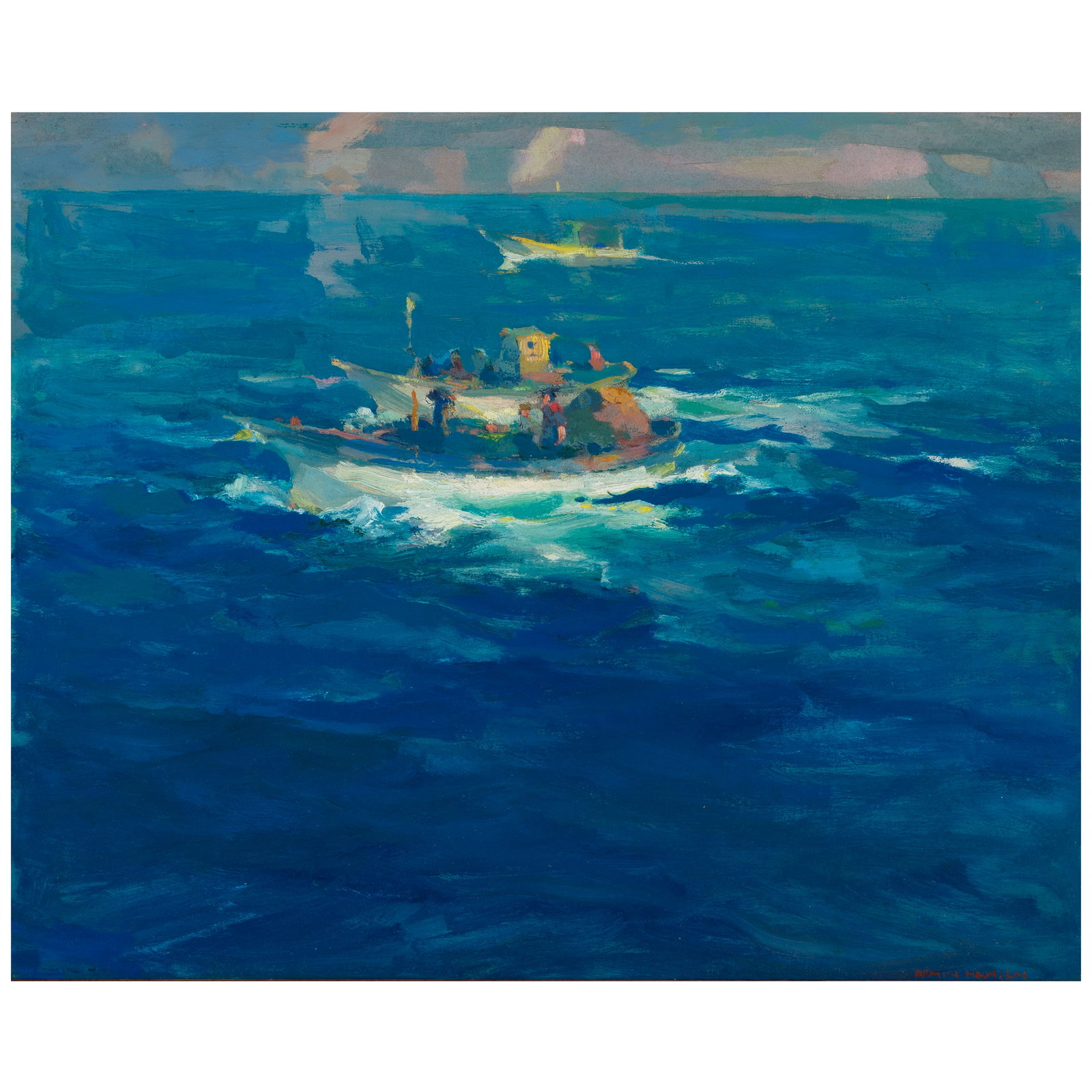 ARMIN HANSEN (1886-1957) Monterey Fishers 18 x 22 in.: ARMIN HANSEN (1886-1957) Monterey Fishers signed 'ARMIN HANSEN' (lower right) and signed and titled (on the reverse prior to lining) oil on canvas laid to on Masonite 18 x 22 in. Footnotes: Prove