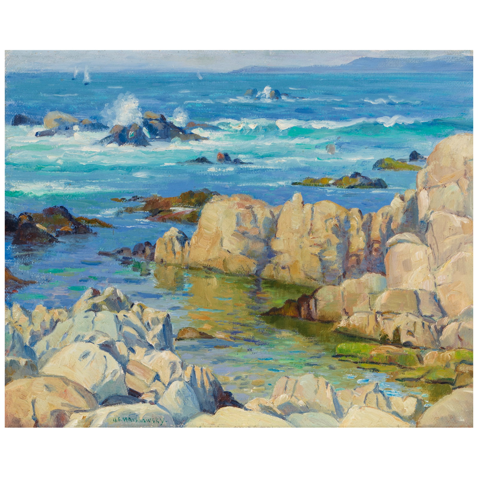 ABEL GEORGE WARSHAWSKY (1883-1962) Carmel Bay 16 x 20 in.: ABEL GEORGE WARSHAWSKY (1883-1962) Carmel Bay signed 'A.G. Warshawsky' (lower center) oil on Masonite 16 x 20 in. Footnotes: Provenance Portnoy Galleries, Carmel, California. Private collec