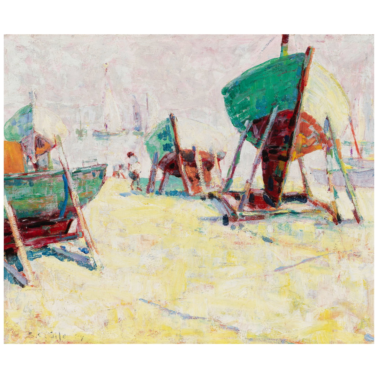 SELDEN CONNOR GILE (1877-1947) Boats in Dry Docks 15 x 18 in. (Painted in 1924.): SELDEN CONNOR GILE (1877-1947) Boats in Dry Docks signed and dated 'S.C. Gile 24' (lower left) oil on board 15 x 18 in. Painted in 1924. Footnotes: Provenance Gump's, San Francisco. Pr