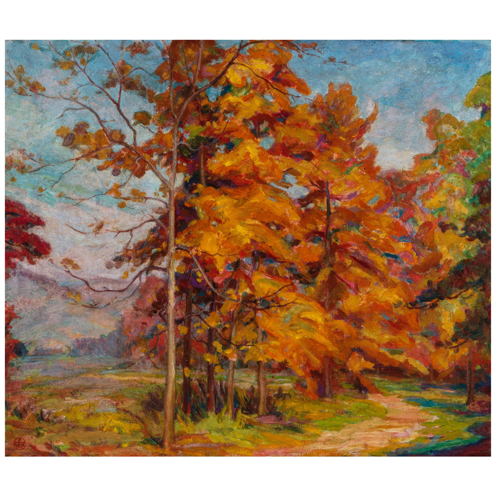 TOKIO UEYAMA (1889-1954) Autumn Landscape 24 1/4 x 28 1/4 in. (Painted in 1919.): TOKIO UEYAMA (1889-1954) Autumn Landscape signed in Japanese (lower left) and signed again, dated and dedicated 'To Older Brother Narumi / Year 1919 / December' in Japanese (on the reverse) oil on can