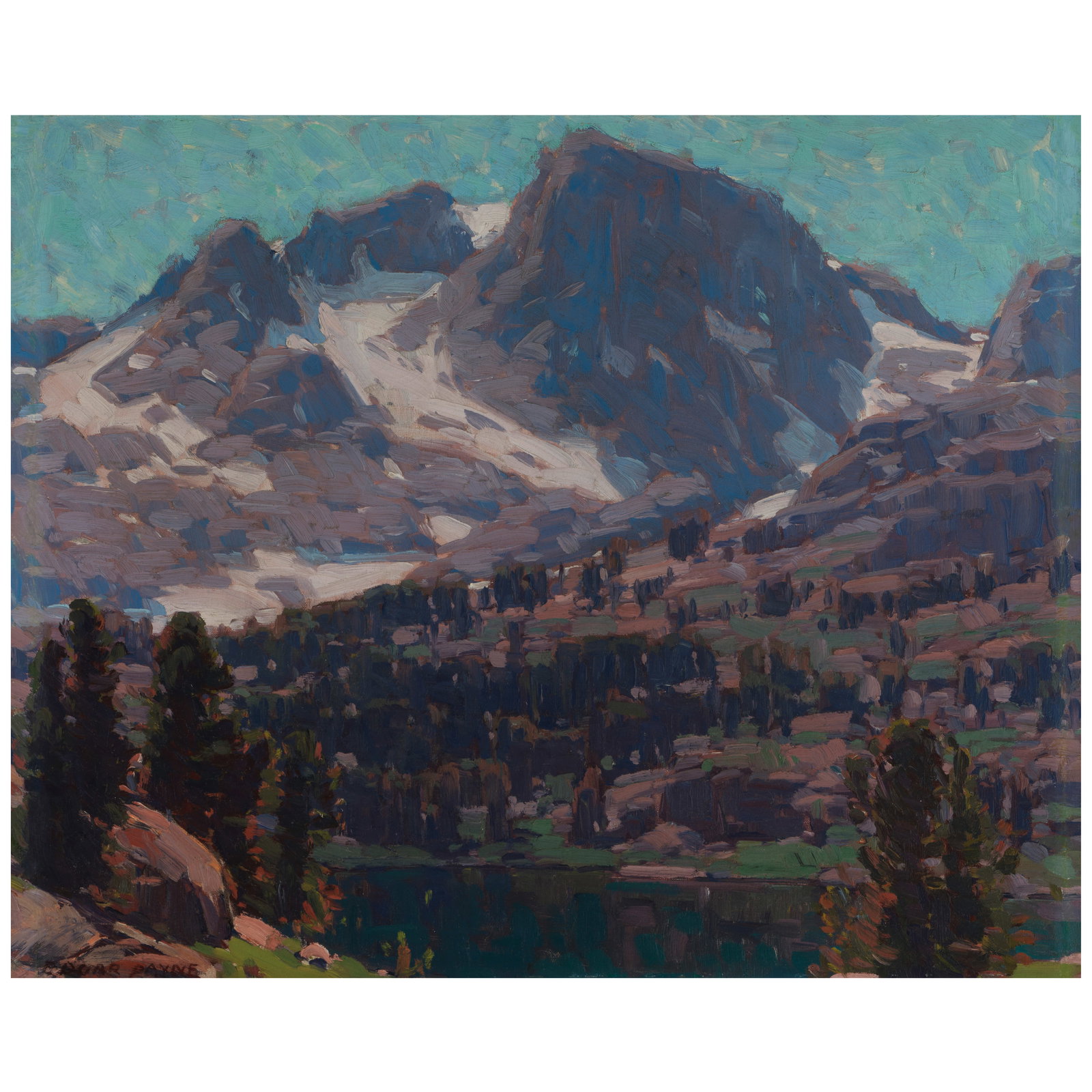 EDGAR PAYNE (1883-1947) Lake Ediza, Mammoth Region, Mono Co., Calif. 20 1/4 x 30 1/4 in.: EDGAR PAYNE (1883-1947) Lake Ediza, Mammoth Region, Mono Co., Calif. signed 'Edgar Payne' (lower left) and inscribed with title (on the reverse prior to lining) oil on canvas 20 1/4 x 30 1/4 in. Footn