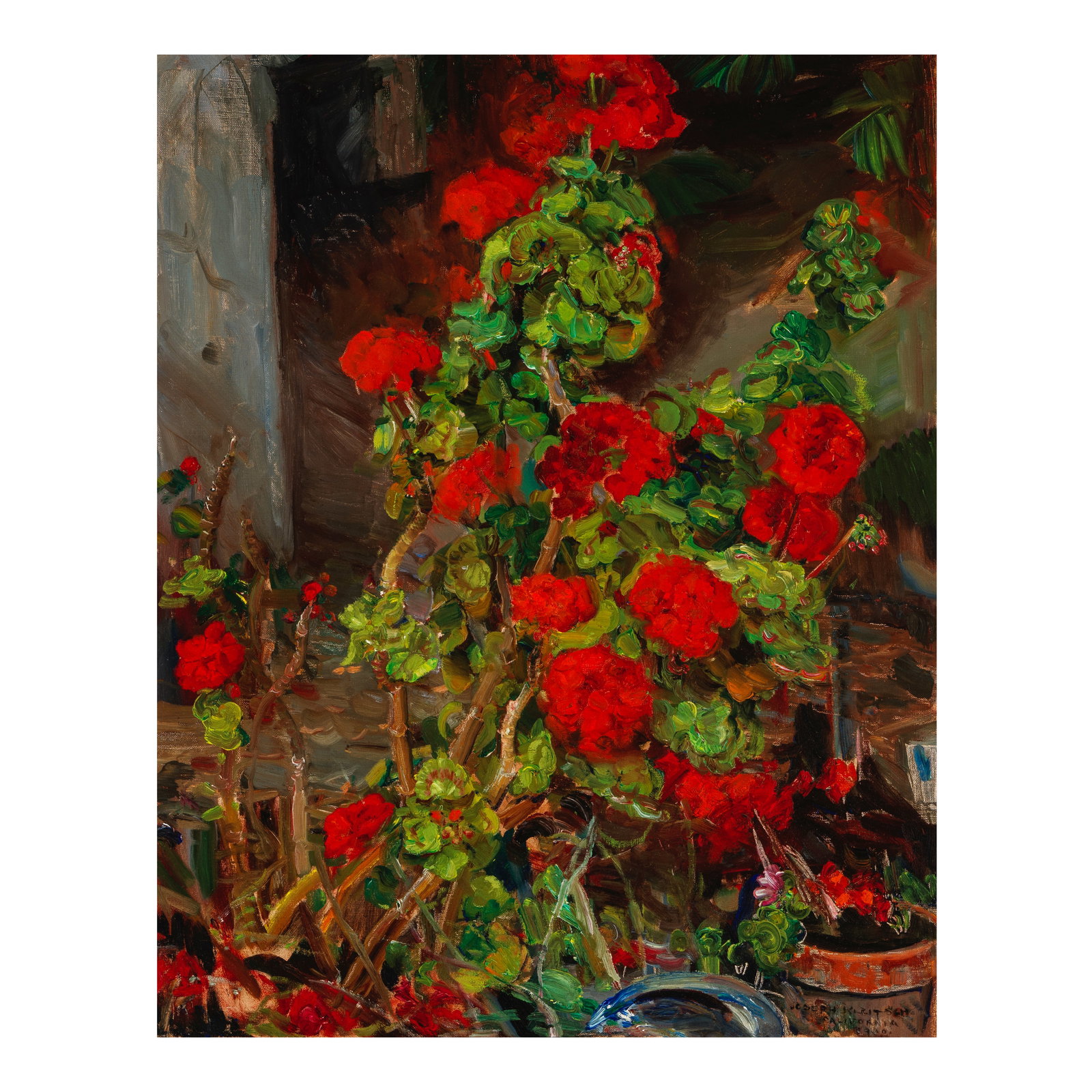 JOSEPH KLEITSCH (1882-1931) Geraniums 30 x 24 in. (Painted in 1930.): JOSEPH KLEITSCH (1882-1931) Geraniums signed, inscribed and dated 'Joseph Kleitsch / California / 1930' (lower right) oil on canvas 30 x 24 in. Painted in 1930. Footnotes: Provenance George