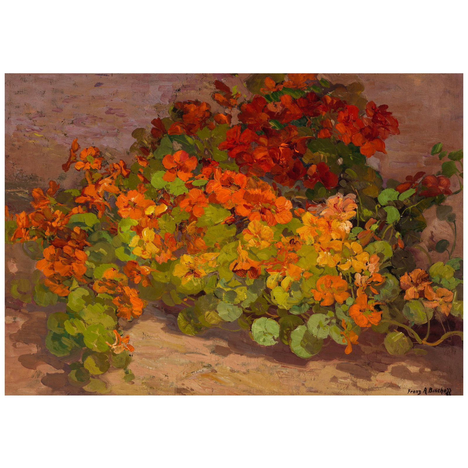 FRANZ ARTHUR BISCHOFF (1864-1929) Garden of Nasturtiums 24 x 34 1/4 in.: FRANZ ARTHUR BISCHOFF (1864-1929) Garden of Nasturtiums signed with estate signature 'Franz A Bischoff' (lower right) oil on canvas 24 x 34 1/4 in. Footnotes: Provenance The artist. Gifted to Fr