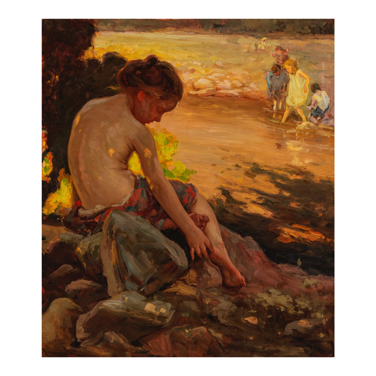 JEAN MANNHEIM (1861-1945) The Water Nymph (Children Bathing) 39 x 34 in. (Painted in 1911.): JEAN MANNHEIM (1861-1945) The Water Nymph (Children Bathing) signed 'J. Mannheim' (lower left) oil on canvas 39 x 34 in. Painted in 1911. Footnotes: Provenance Private collection, Rancho Mirage, C