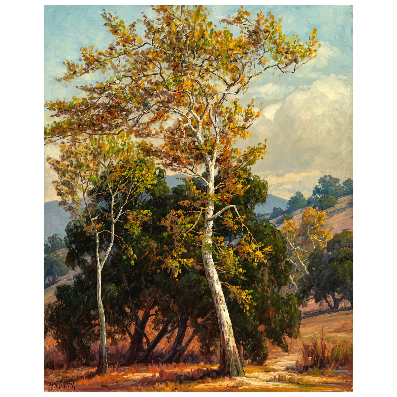 PAUL GRIMM (1891-1974) T.P. Dalzel (sic) Ranch, Santa Barbara 30 x 24 in. (Painted in 1939.): PAUL GRIMM (1891-1974) T.P. Dalzel (sic) Ranch, Santa Barbara signed 'Paul Grimm' (lower left) and titled, dated and signed again (on the reverse) oil on canvas 30 x 24 in. Painted in 1939. Footnotes: