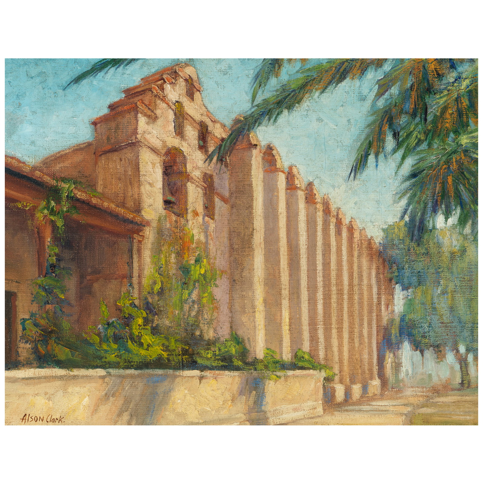 ALSON SKINNER CLARK (1876-1949) San Gabriel Mission 18 x 22 in.: ALSON SKINNER CLARK (1876-1949) San Gabriel Mission signed 'Alson Clark' (lower left) oil on canvas laid to Masonite 18 x 22 in.