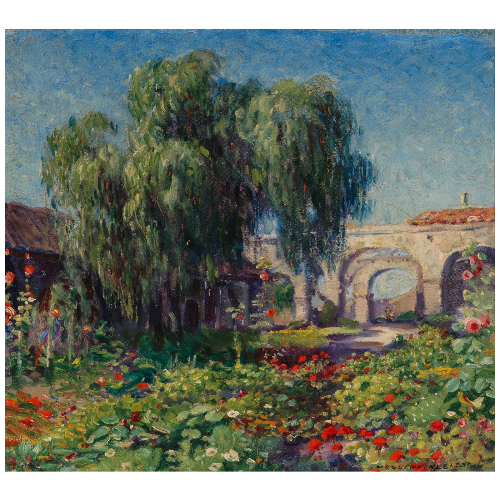 JOSEPH KLEITSCH (1882-1931) Mission Courtyard, The Old Pepper Tree 18 x 20 in.: JOSEPH KLEITSCH (1882-1931) Mission Courtyard, The Old Pepper Tree signed 'Joseph Kleitsch' (lower right) and inscribed with title (on the stretcher) and estate signed (on the reverse) oil on canvas 1