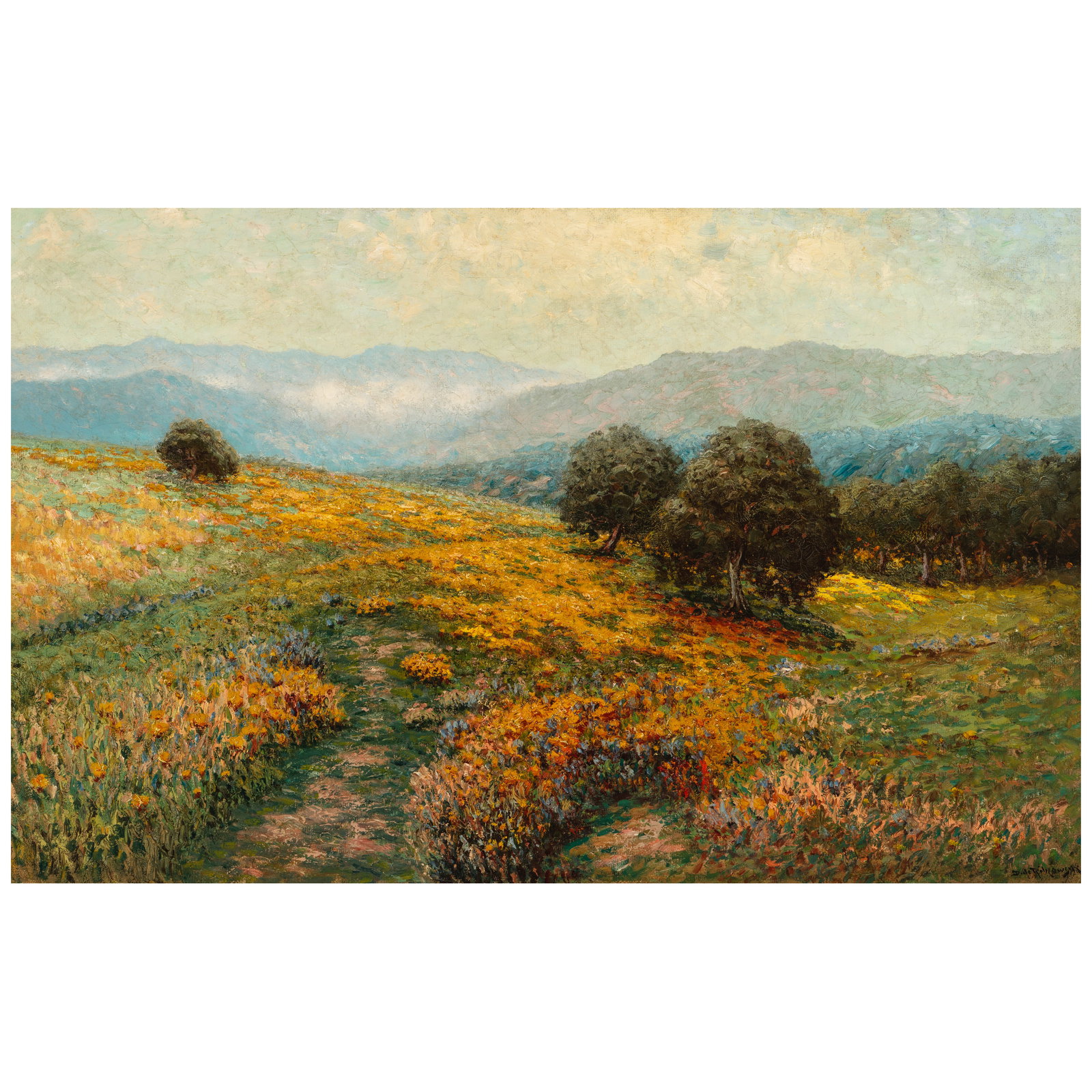 RICHARD DEY DE RIBCOWSKY (1880-1936) Poppy Fields in Panoramic California 45 1/2 x 64 in.: RICHARD DEY DE RIBCOWSKY (1880-1936) Poppy Fields in Panoramic California signed 'D. De Ribcowsky' (lower right) oil on canvas 45 1/2 x 64 in. Footnotes: Provenance Alderfer Auction, Montgomery