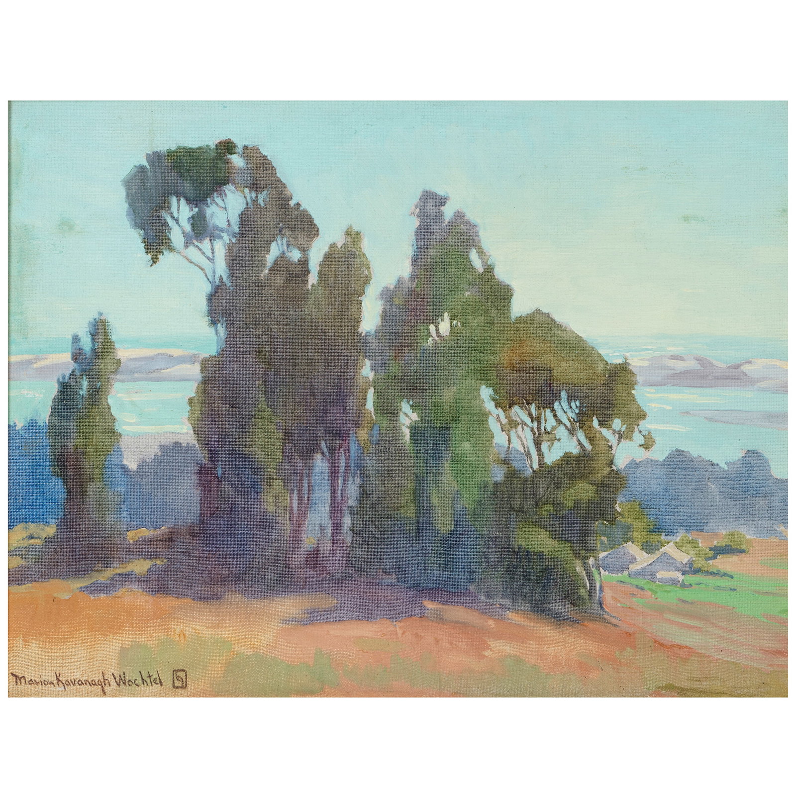 MARION KAVANAGH WACHTEL (1876-1954) Coastal Ranch 13 3/4 x 18 in.: MARION KAVANAGH WACHTEL (1876-1954) Coastal Ranch signed with the artist's device 'Marion Kavanagh Wachtel' (lower left) and estate stamped (on the stretcher bar) oil on canvas 13 3/4 x 18 in. Footnot