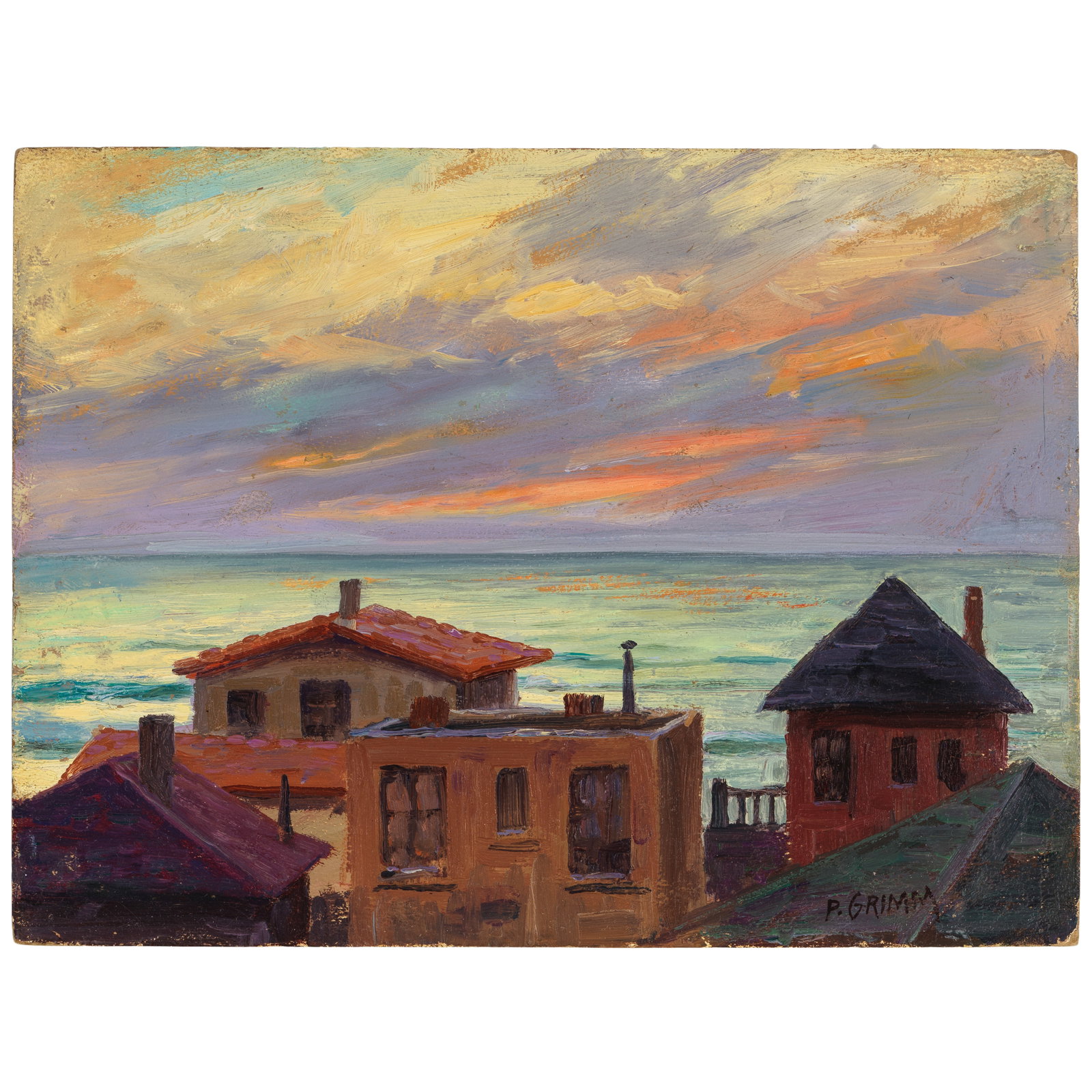 PAUL GRIMM (1891-1974) Seaside Sunsets (a group of two) each 9 x 12 in.: PAUL GRIMM (1891-1974) Seaside Sunsets (a group of two) each signed 'P. Grimm' (lower left and right) each oil on board each 9 x 12 in. Footnotes: Provenance Estate of the artist. George St