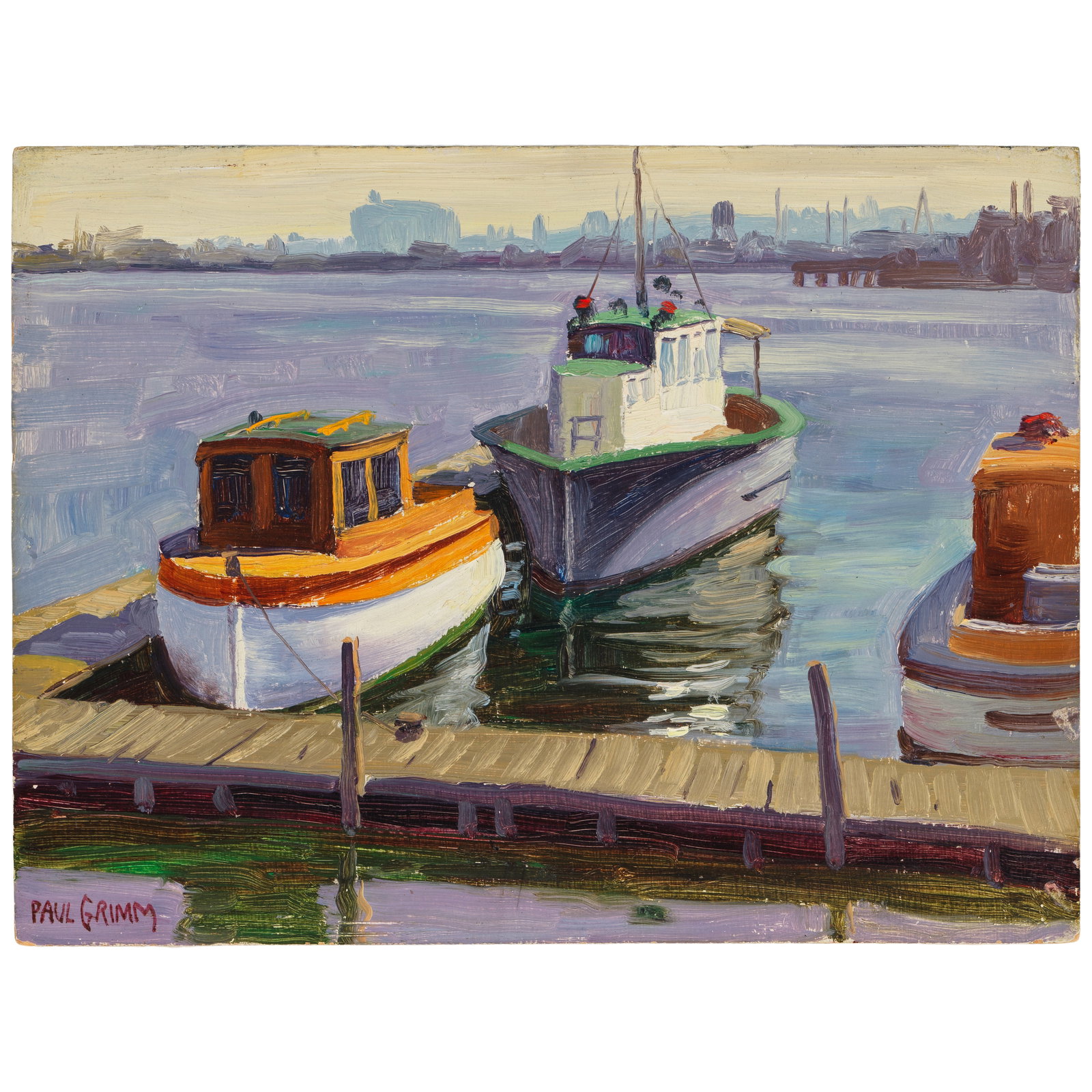 PAUL GRIMM (1891-1974) Docked (a group of three) each 9 x 12 in.: PAUL GRIMM (1891-1974) Docked (a group of three) each signed 'Paul Grimm' or 'P. Grimm' (lower left) and third inscribed 'To-Tillie / From Paul' (on the reverse) first and second oil on board and thi