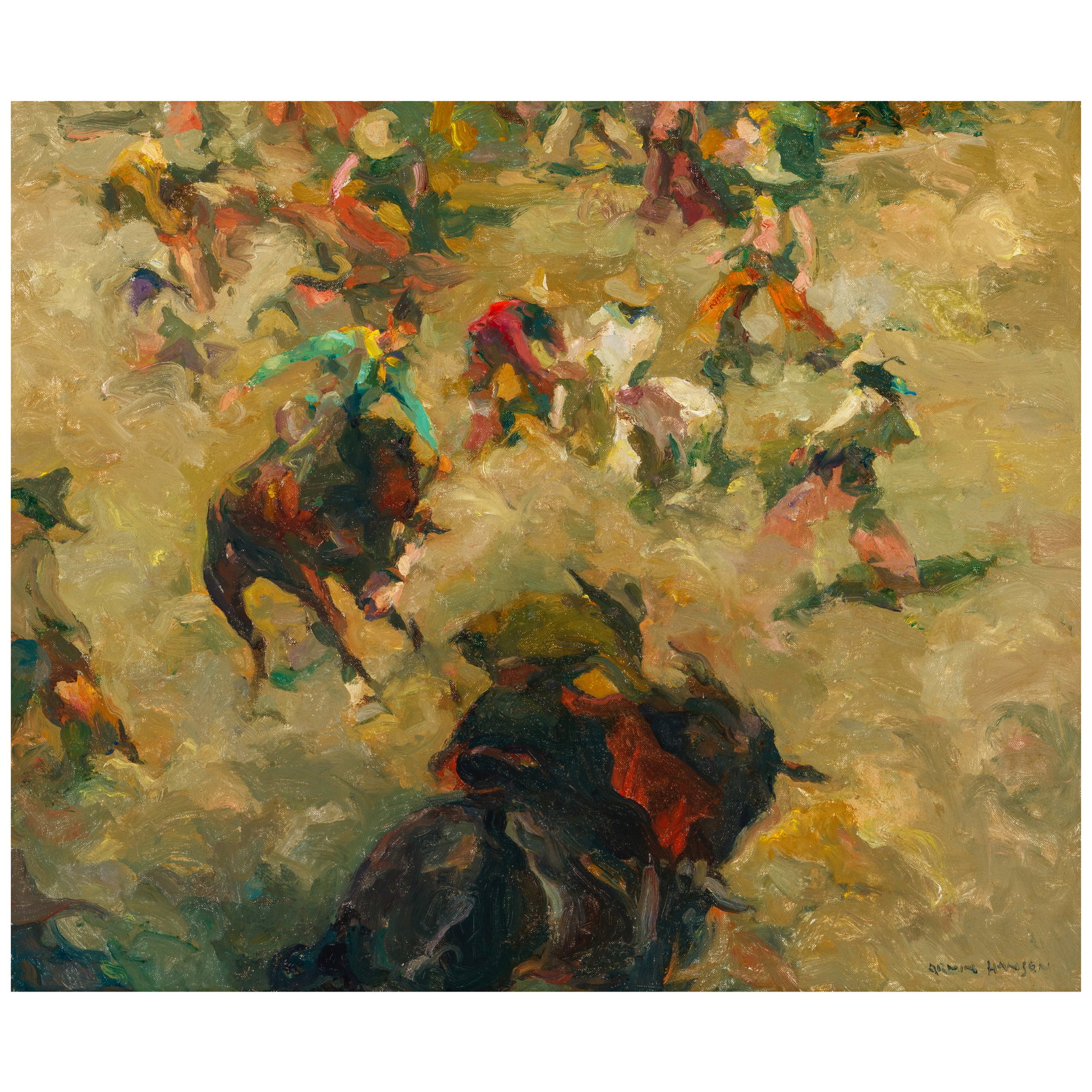 ARMIN HANSEN (1886-1957) Spirit of the Rodeo 20 x 24 in.: ARMIN HANSEN (1886-1957) Spirit of the Rodeo signed 'Armin Hansen' (lower right) and titled and signed again (on the reverse) oil on canvasboard 20 x 24 in. Footnotes: Provenance Oliver's Mission Art