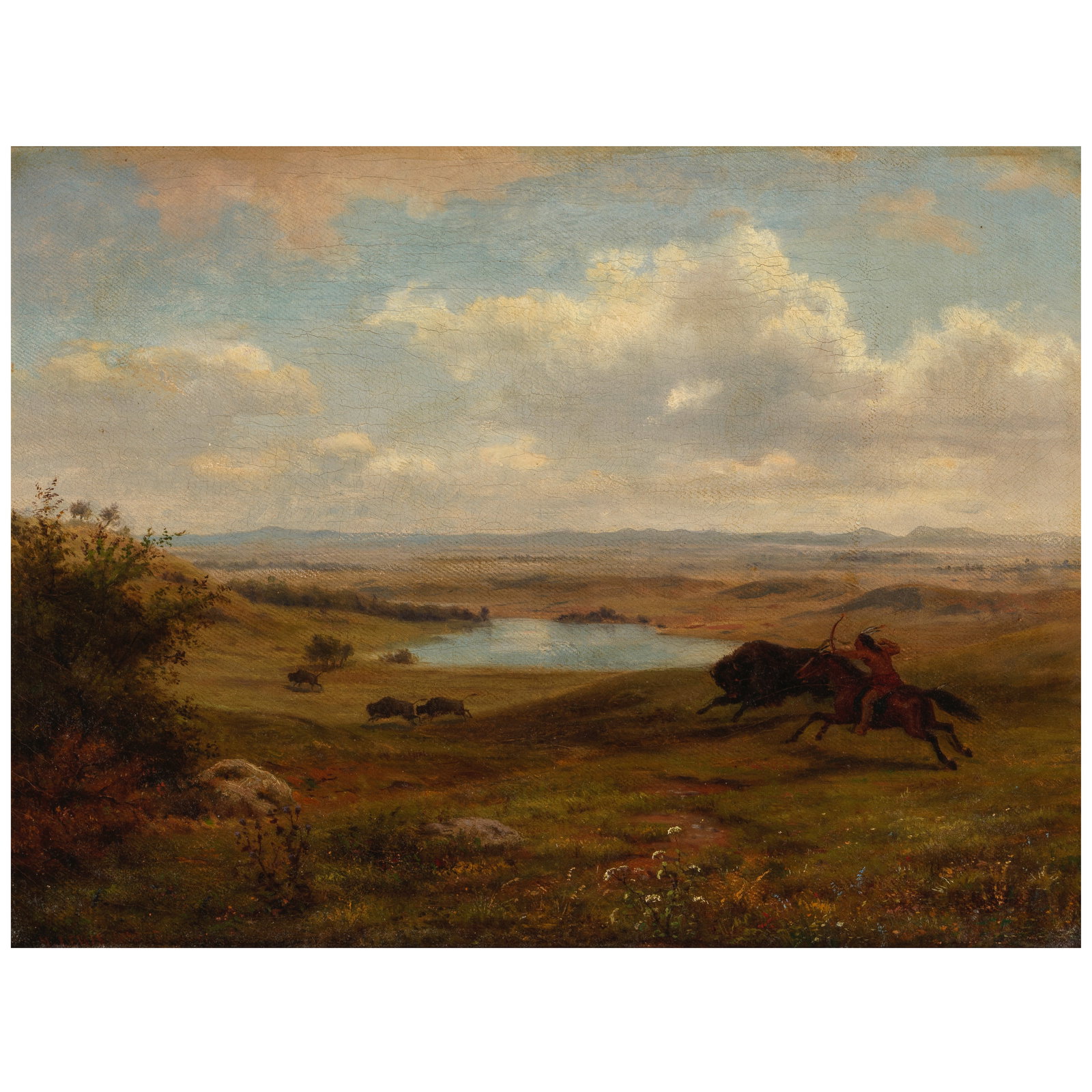 HENRY LEWIS (1819-1904) Buffalo Hunting on the Western Prairies of America 12 1/4 x 16 1/2 in. (...: HENRY LEWIS (1819-1904) Buffalo Hunting on the Western Prairies of America signed, indistinctly dated and inscribed 'H. Lewis 18** Dusseldorf' (lower right) and faintly inscribed (on the stretcher) oi