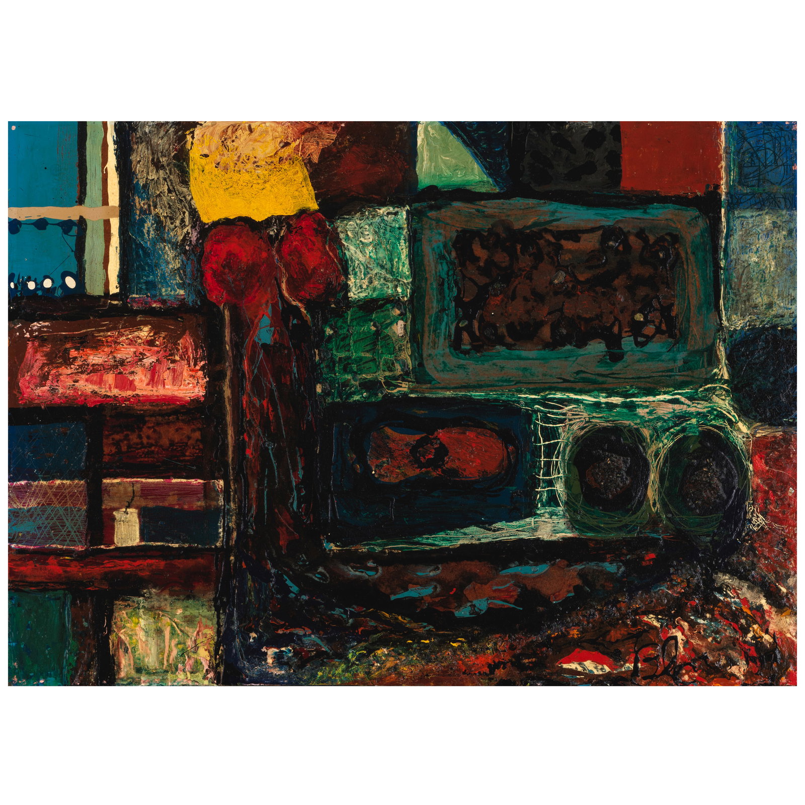 BEN CULWELL (1918-1992) Mill 17 x 23 3/4 in. (Painted in 1947.): BEN CULWELL (1918-1992) Mill signed with initials 'BLC' (lower right) and numbered, titled, dated, and signed again 'No. 47-2 / Mill / 1947 / B.L. Culwell' (on the reverse) oil and mixed media on Maso