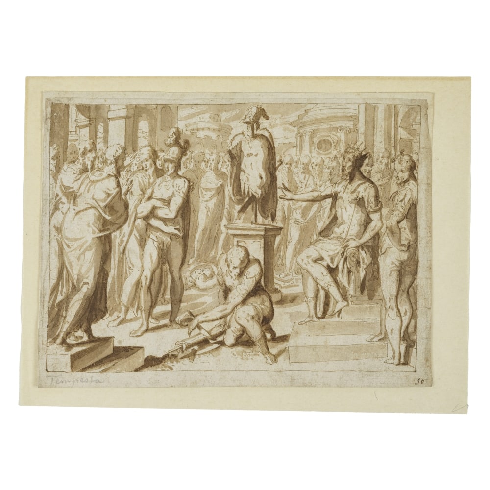 Giovanni Guerra (Modene 1544-1618 Rome) Scène de l'histoire romaine, probablement de Tullus...: Giovanni Guerra (Modene 1544-1618 Rome) Scène de l'histoire romaine, probablement de Tullus Hostilius porte une numérotation '50' (en bas à droite) plume et encre brune, lavis brun, tra