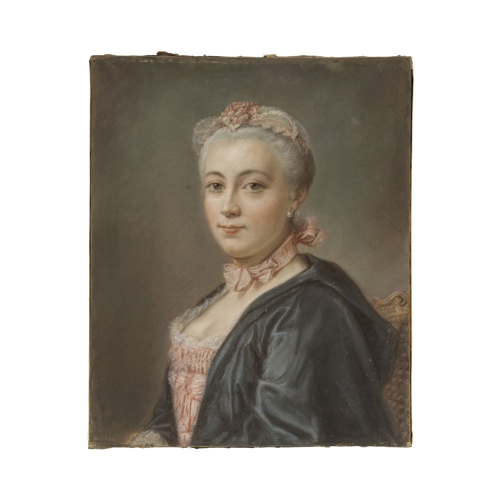 Ecole française, moitié du XVIIIe siècle Portrait de dame au ruban rose sans cad...: Ecole française, moitié du XVIIIe siècle Portrait de dame au ruban rose pastel sur papier marouflé sur toile pastel on paper laid down on canvas 55.6 x 45.8cm (21 7/8 x 18 1/16in).