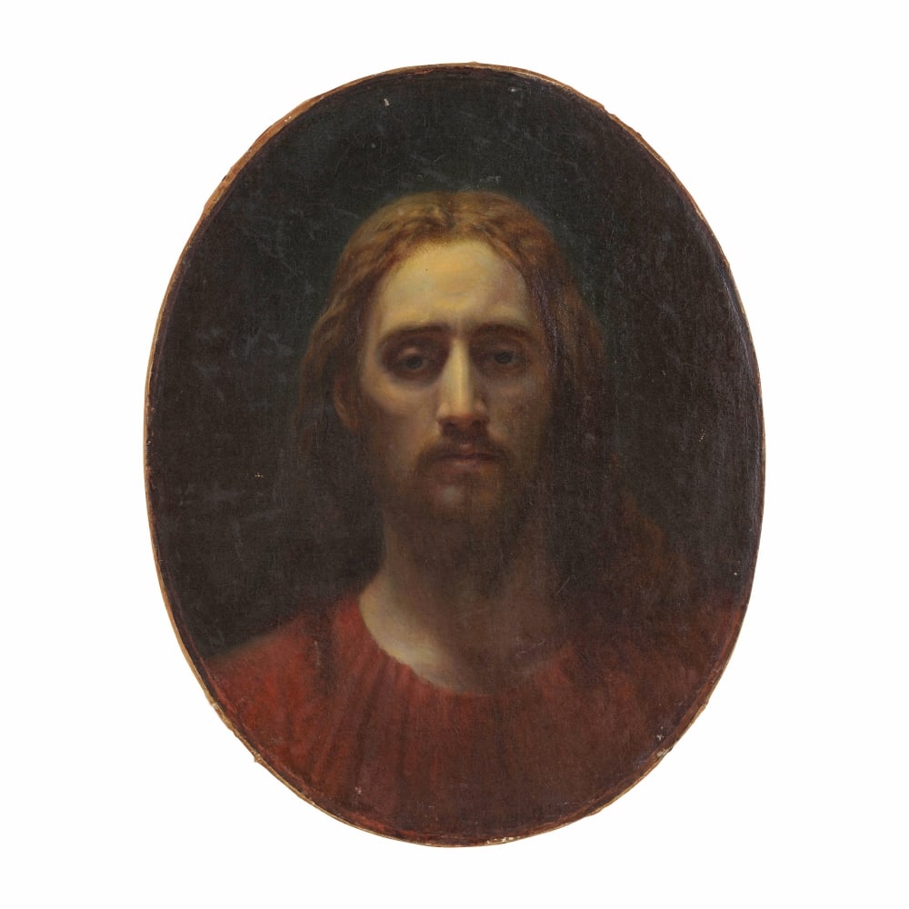 Ivan Nikolaevich Kramskoy (Ostrogozhsk 1837-1887 Saint Petersburg) Le Christ Sauveur unframed (s...: Ivan Nikolaevich Kramskoy (Ostrogozhsk 1837-1887 Saint Petersburg) Le Christ Sauveur signé en cyrillique et daté '1870' (en bas au centre) huile sur toile 53.5 x 42.5cm (21 1/16 x 16 3/4in).