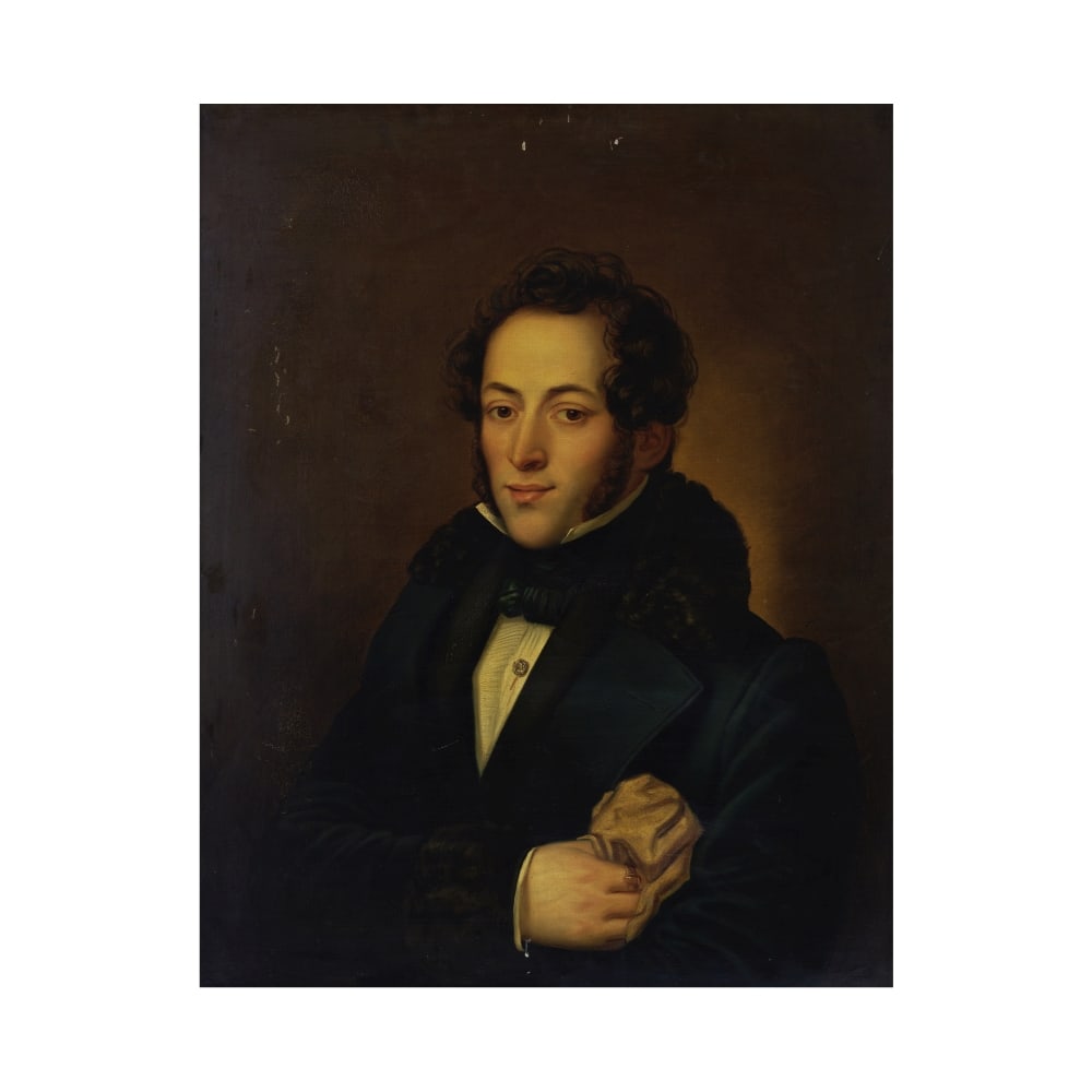 Johann Frankenberger (Austrian, 1807-1874) Portrait du poète Alexandre Sergueïevitch P...: Johann Frankenberger (Austrian, 1807-1874) Portrait du poète Alexandre Sergueïevitch Pouchkine signé et daté '1835' (au centre droit) huile sur toile 77 x 62.5cm (30 5/16 x 24 5/8i