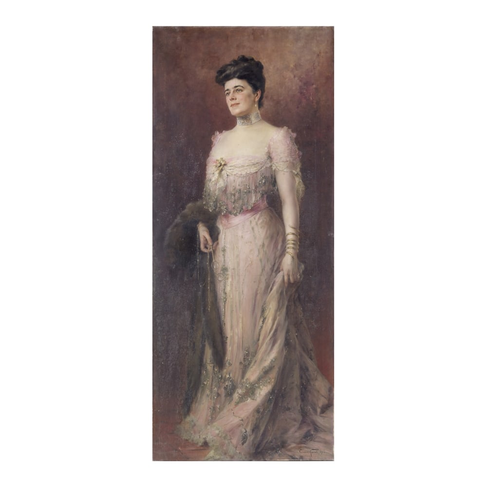 Conrad Kiesel (Düsseldorf 1846-1921 Berlin) Portrait de dame en rose: Conrad Kiesel (Düsseldorf 1846-1921 Berlin) Portrait de dame en rose signé et daté 'Conrad Kiesel 1906.' (en bas à droite) huile sur toile signed and dated 'Conrad Kiesel 1906.' (l