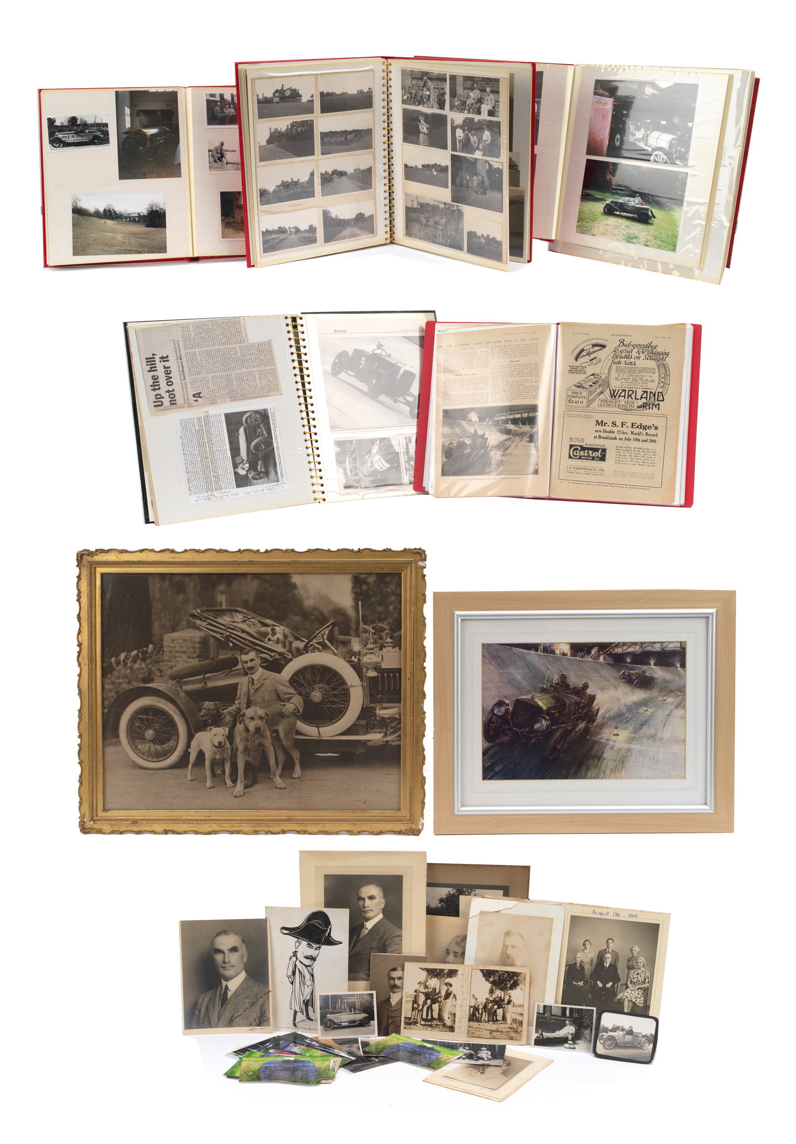 A framed photograph of Selwyn Francis Edge, and other photograph and scrap albums, ((Qty)): A framed photograph of Selwyn Francis Edge, and other photograph and scrap albums, the monochrome photograph depicting S.F.Edge with his dogs in front of his 1902 Gordon Bennett winning Napier D50, 34