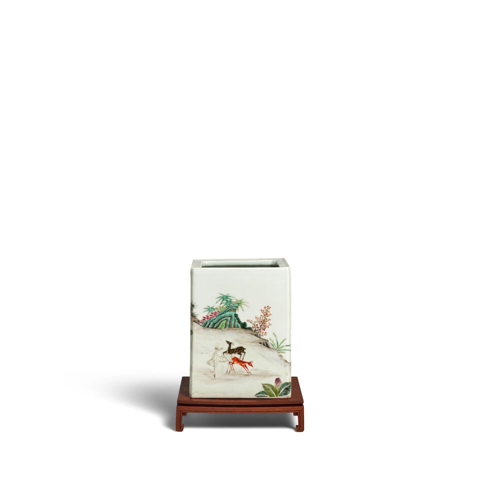 A FAMILLE-ROSE 'PINE AND DEER' SQUARE BRUSHPOT Qianlong mark, 20th century - 3